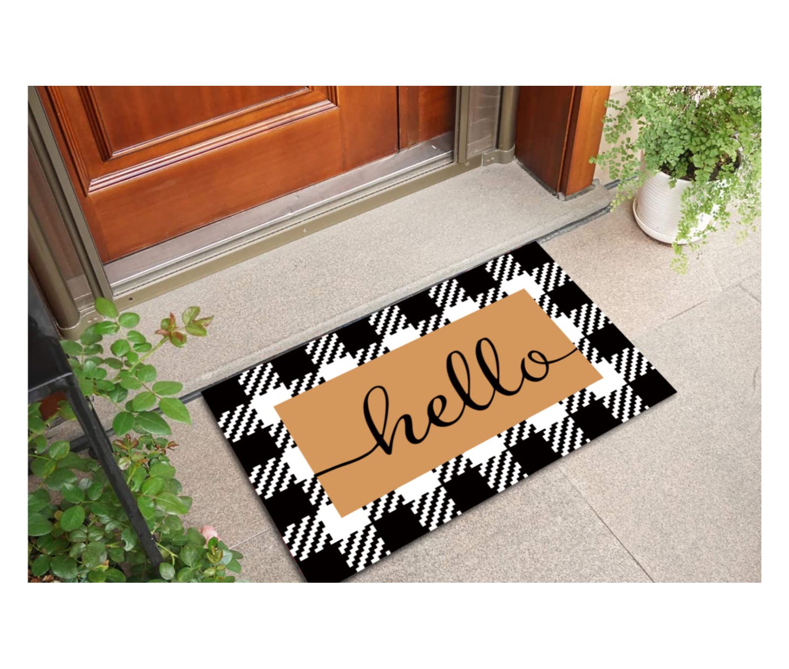 Pansha Entryway Hello Door Mat 16 X 24   , Non Slip Black And White Buffalo Plaid Doormat, Low Profile Floor Mat Suitable For Fr