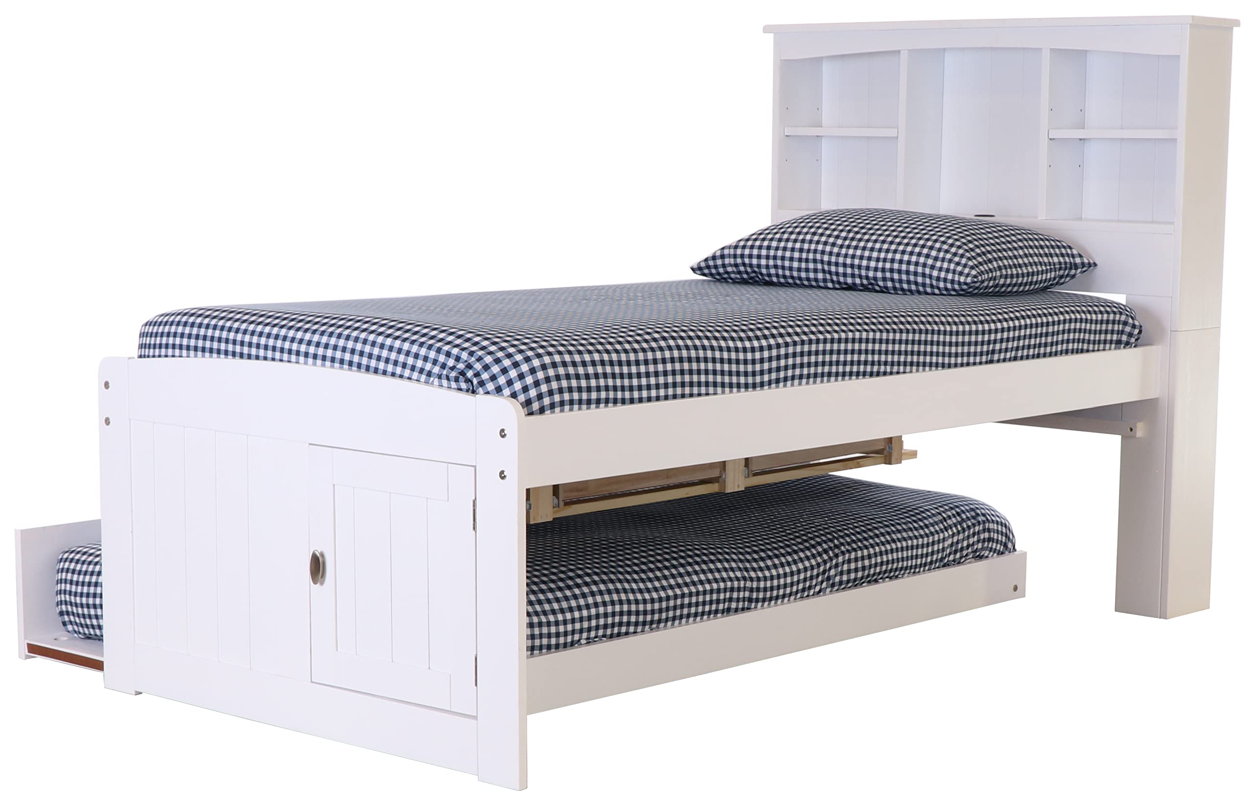 OS Home and Office Furniture Model 80220K3-22 Solid Pine Twin Captains Bookcase Bed with 3 Spacious Under Bed Drawers and a Twin Sized Trundle in Casual White