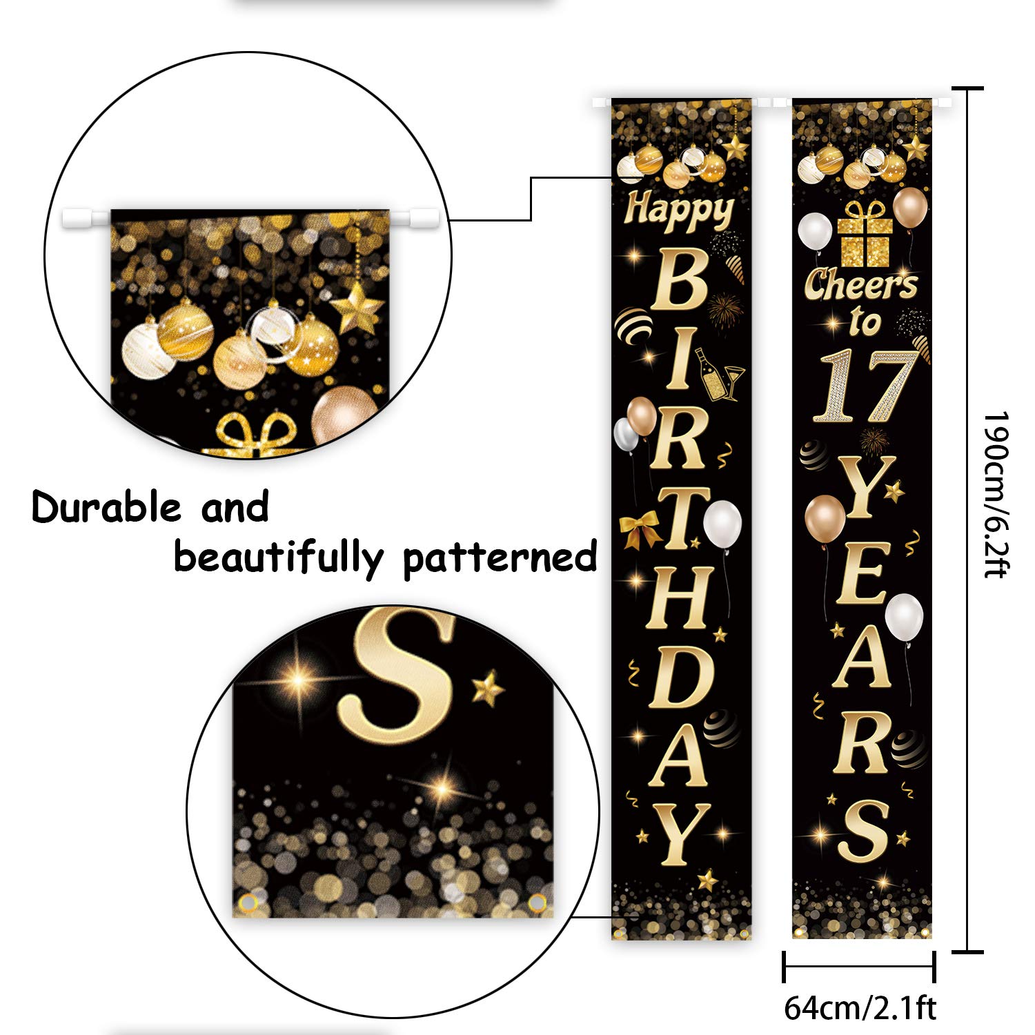 Happy Birthday Cheers To 17 Years Black Gold Yard Sign Door Banner 17Th Birthday Decorations Party Supplies