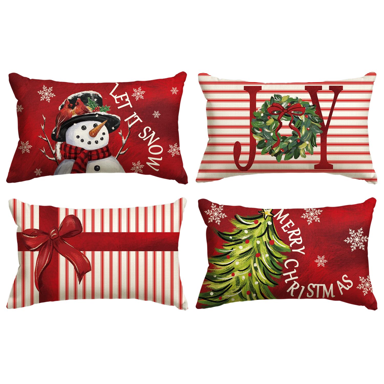 Avoin Colorlife Merry Christmas Let It Snow Joy Stripes Gift Box Red Throw Pillow Covers, 12 X 20 Inch Xmas Tree Holiday Cushion