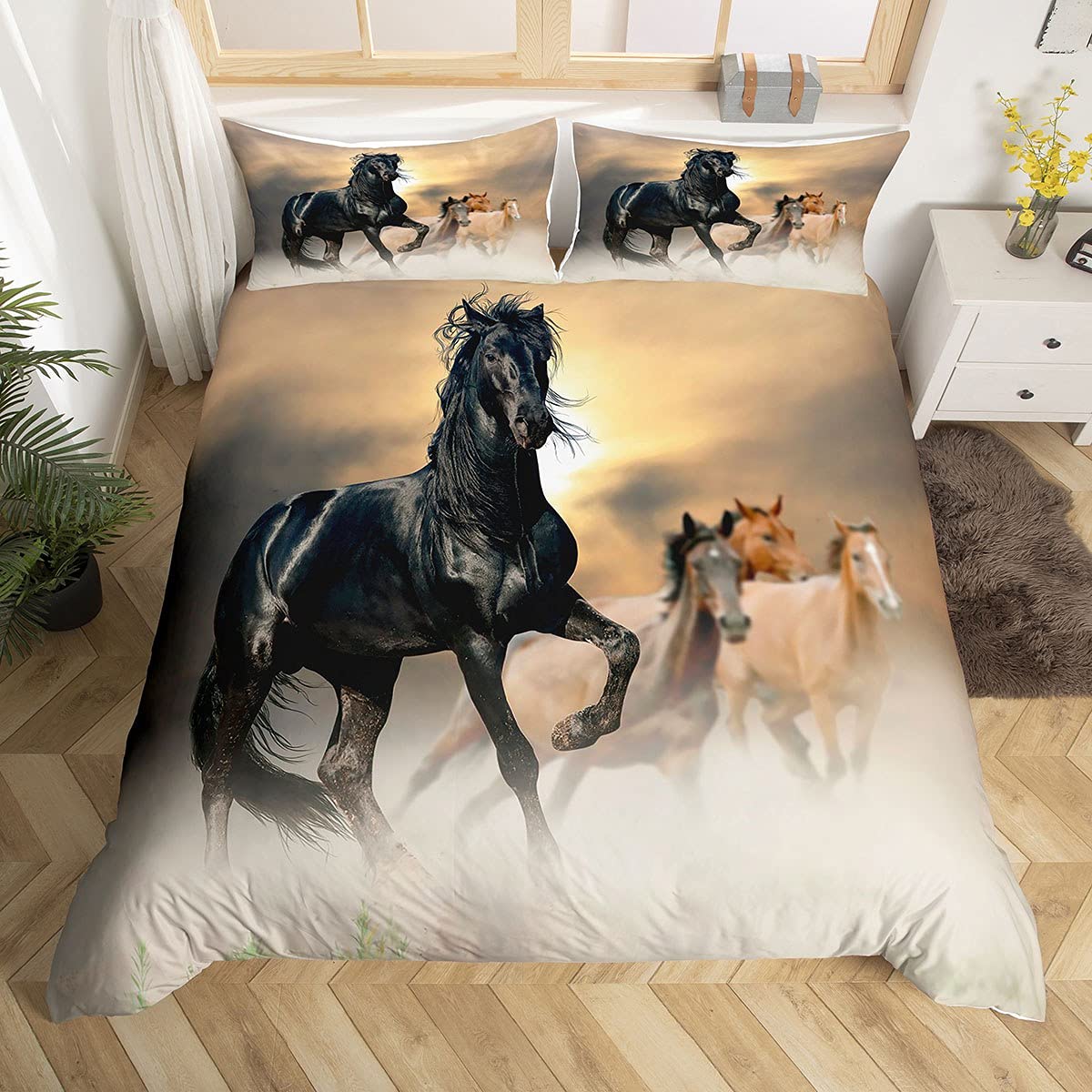 3Pcs Horse Bedding Set King Size Bedding Duvet Cover Horse Printed Quilt Cover 3D Animal Printed Quilt Cover For Adult Teens Kid