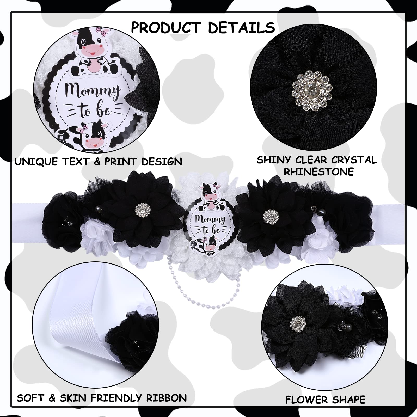 Joymemo Cow Baby Shower Sash - Maternity Sash Kit With Mom To Be Dad To Be Corsage Pins, Cow Gender Reveal Pregnancy Flower Bell