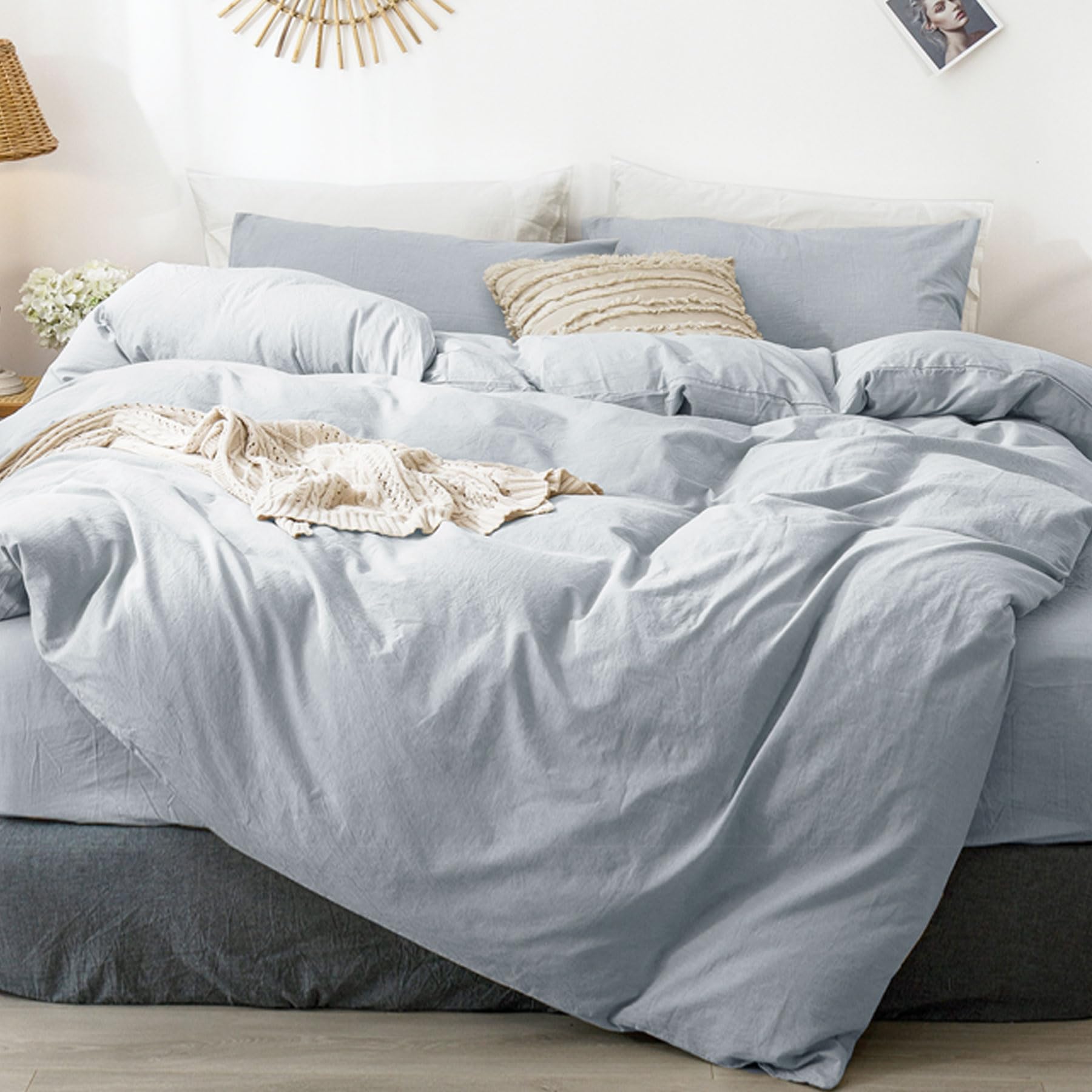 Moomee Bedding Duvet Cover Set 100% Washed Cotton Linen Like Textured Breathable Durable Soft Comfy (Cornflower Blue, Super Quee
