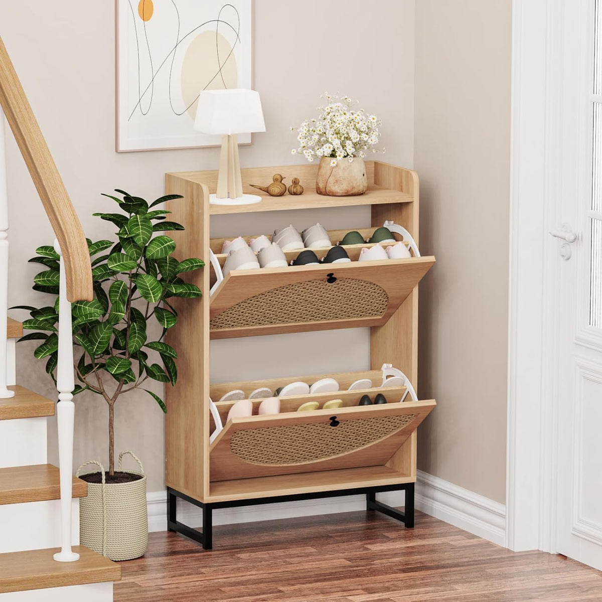 KFO Shoe Cabinet with 2 Handmade Natural Rattan Flip Drawers, Entryway Shoe Rack Storage Organizer for Sneakers, Leather Shoes, 