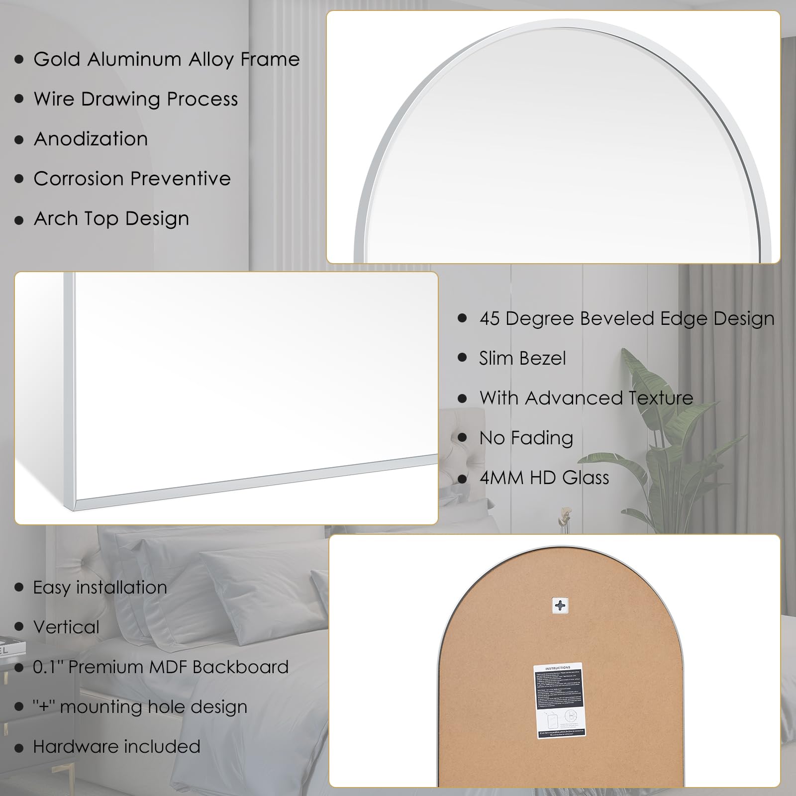 Minuover 24'' X 36'' Silver Arched Mirror, Arch Bathroom Vanity Mirror And Wall Decor Mirror, Modern Aluminum Alloy Metal Frame