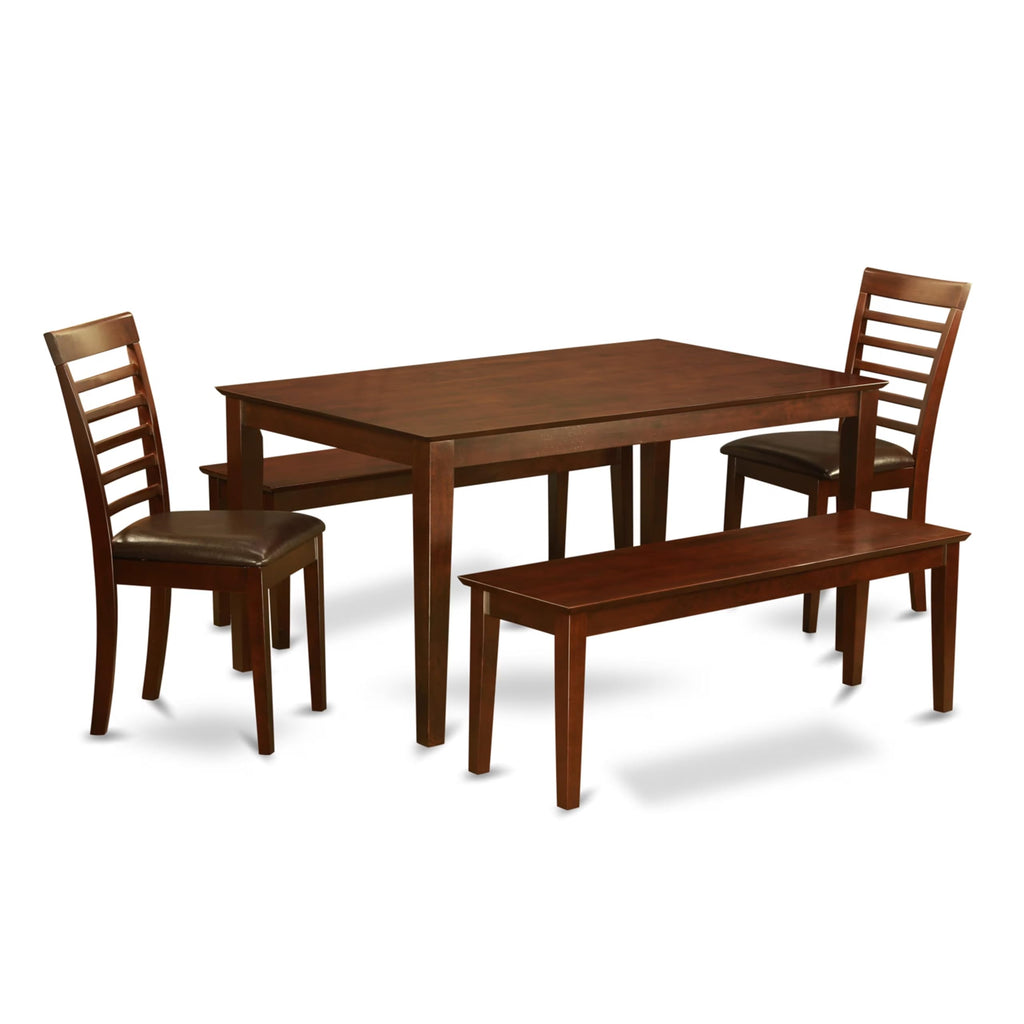 East West Furniture CAML5C-MAH-LC 5 Piece Dining Room Furniture Set Includes a Rectangle Kitchen Table and 2 Faux Leather Dining Chairs with 2 Benches, 36x60 Inch, Mahogany