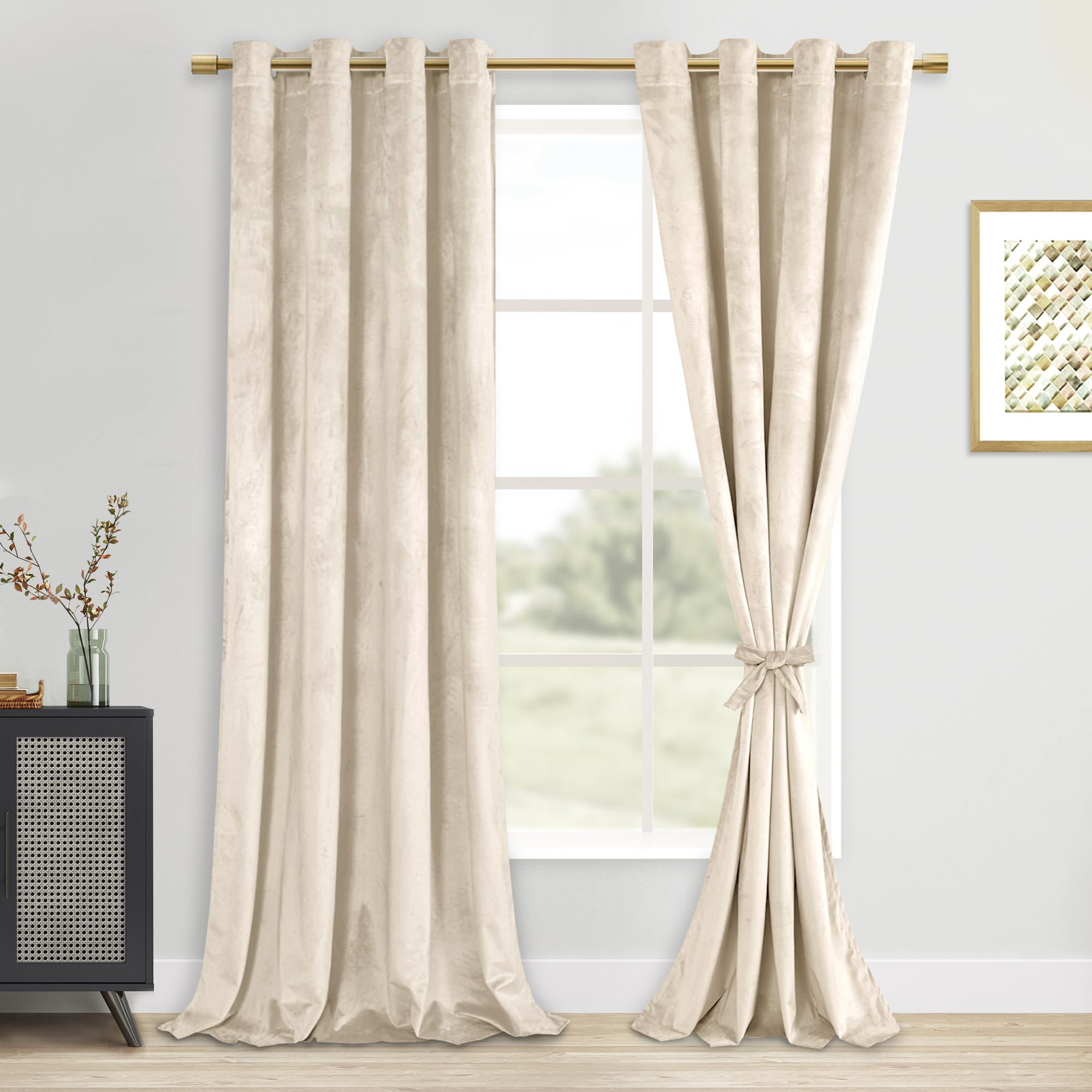 DWCN Beige Velvet Curtains 96 inches Long - Elegant Room Darkening Noise Absorb Tieable Grommet Curtains Warm Soft Texture Priva
