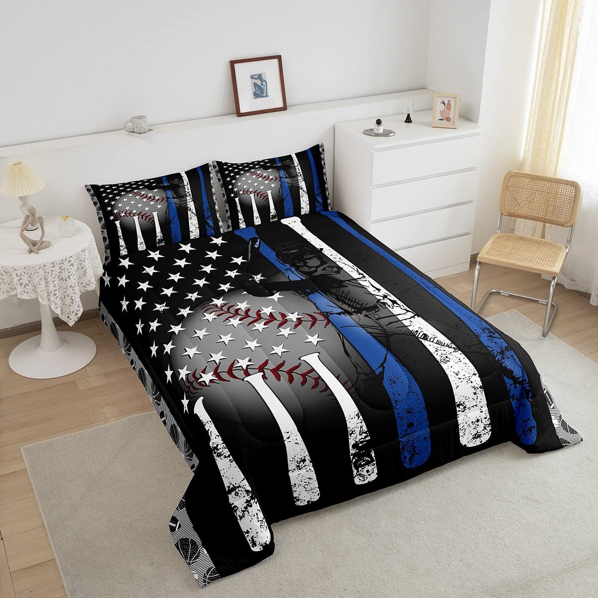 Erosebridal Baseball Comforter Set King,Grunge Style Baseball Bat Softball Bedding Set For Kids Boys Teens,American Flag Stars Striped Duvet Insert,Ball Sports Game Down Comforter With 2 Pillow Shams