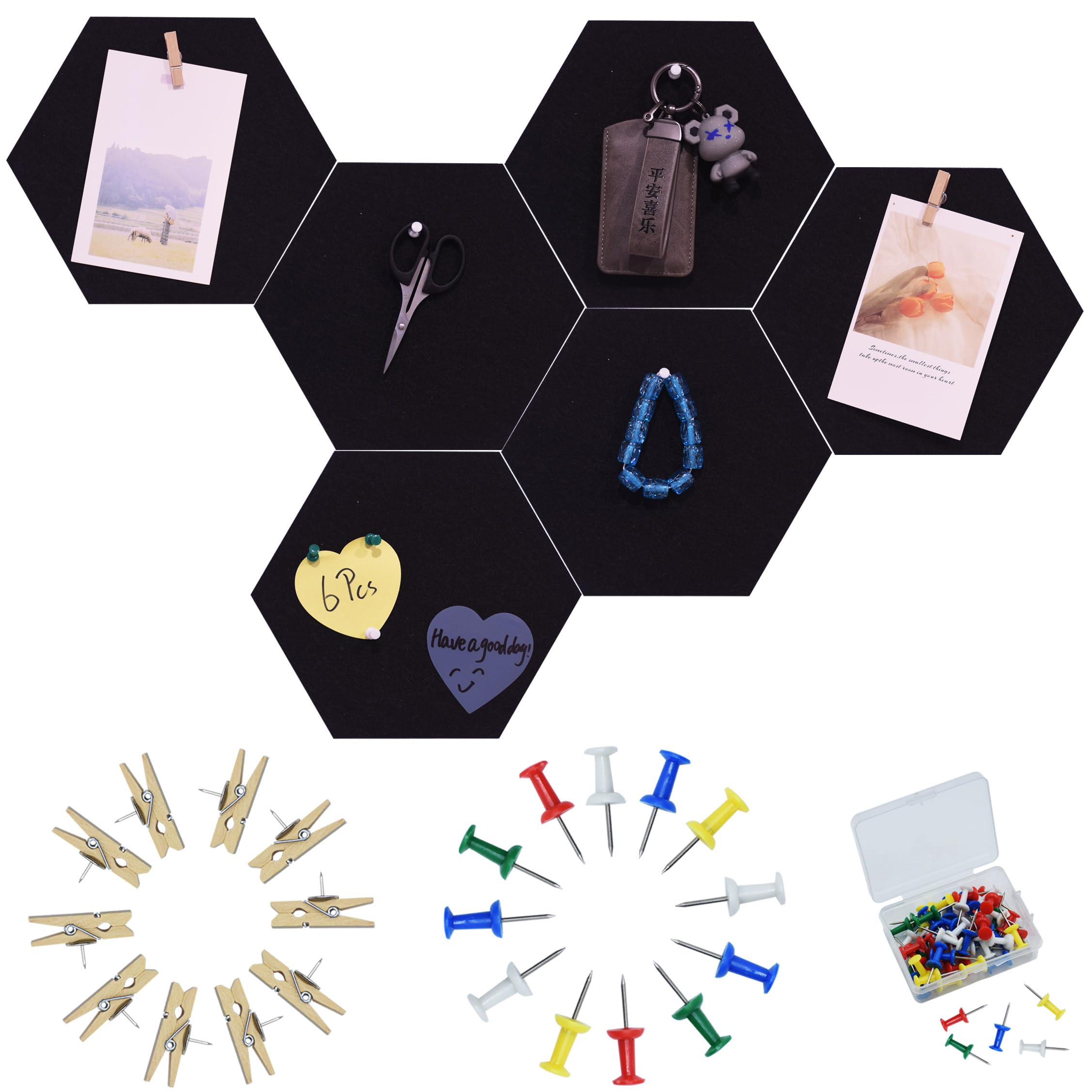 Youdeful 6Pcs Black Hexagon Bulletin Board Strips,Black Felt Pin Board Bar Strips With 50 Pushpins, Self-Adhesive Felt Cork Boar
