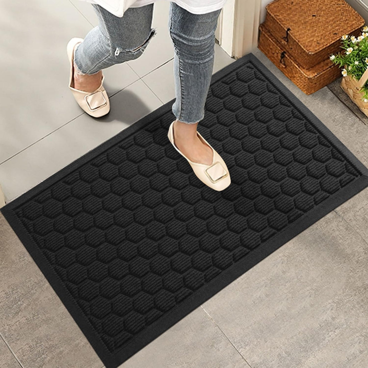 Hiyard Front Door Mat, Absorbent Resist Dirt Welcome Door Mat Indoor Outdoor, Waterproof Doormat, Sturdy Non Slip Backing Mat, F