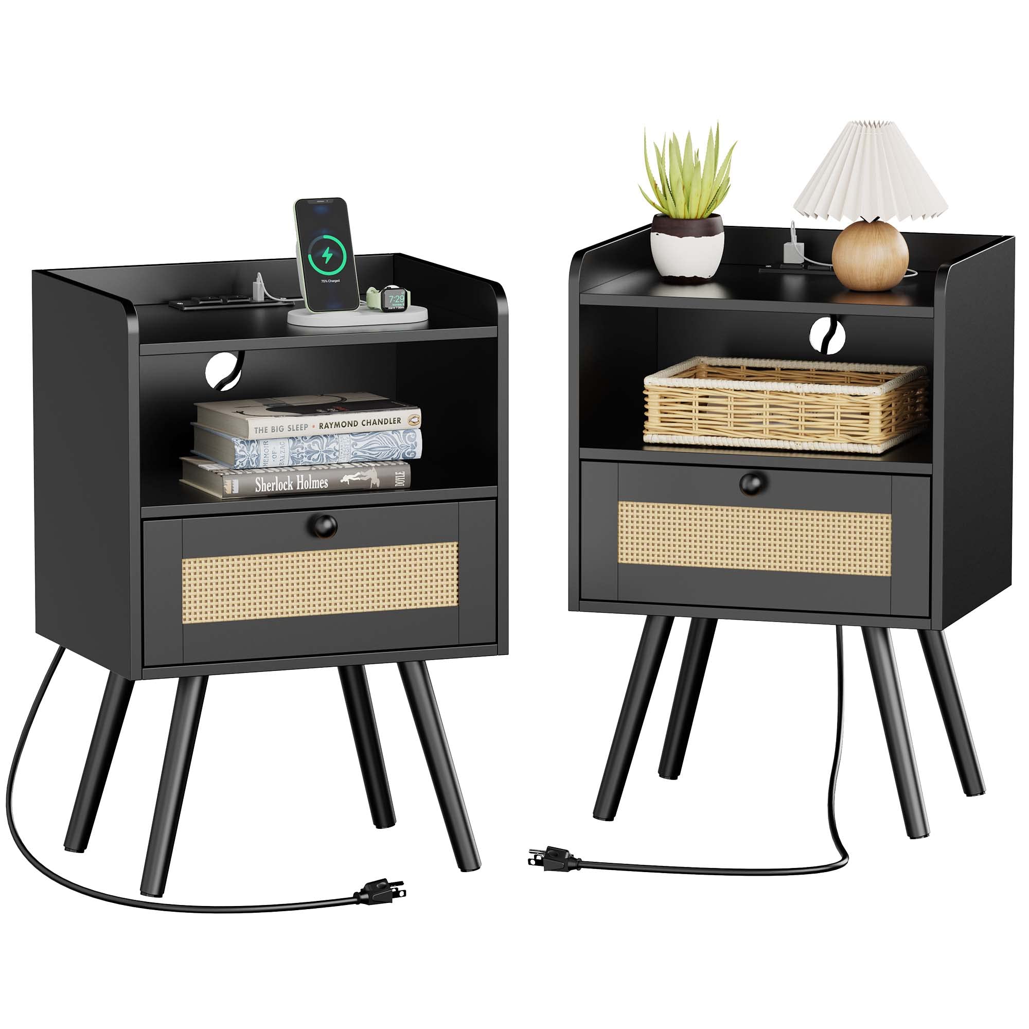 Superjare Nightstands With Charging Station, Bedside Table Set Of 2 With Pe Rattan Drawers, Rattan Side Table With Storage & Solid Wood Feet, End Table For Bedroom, Black