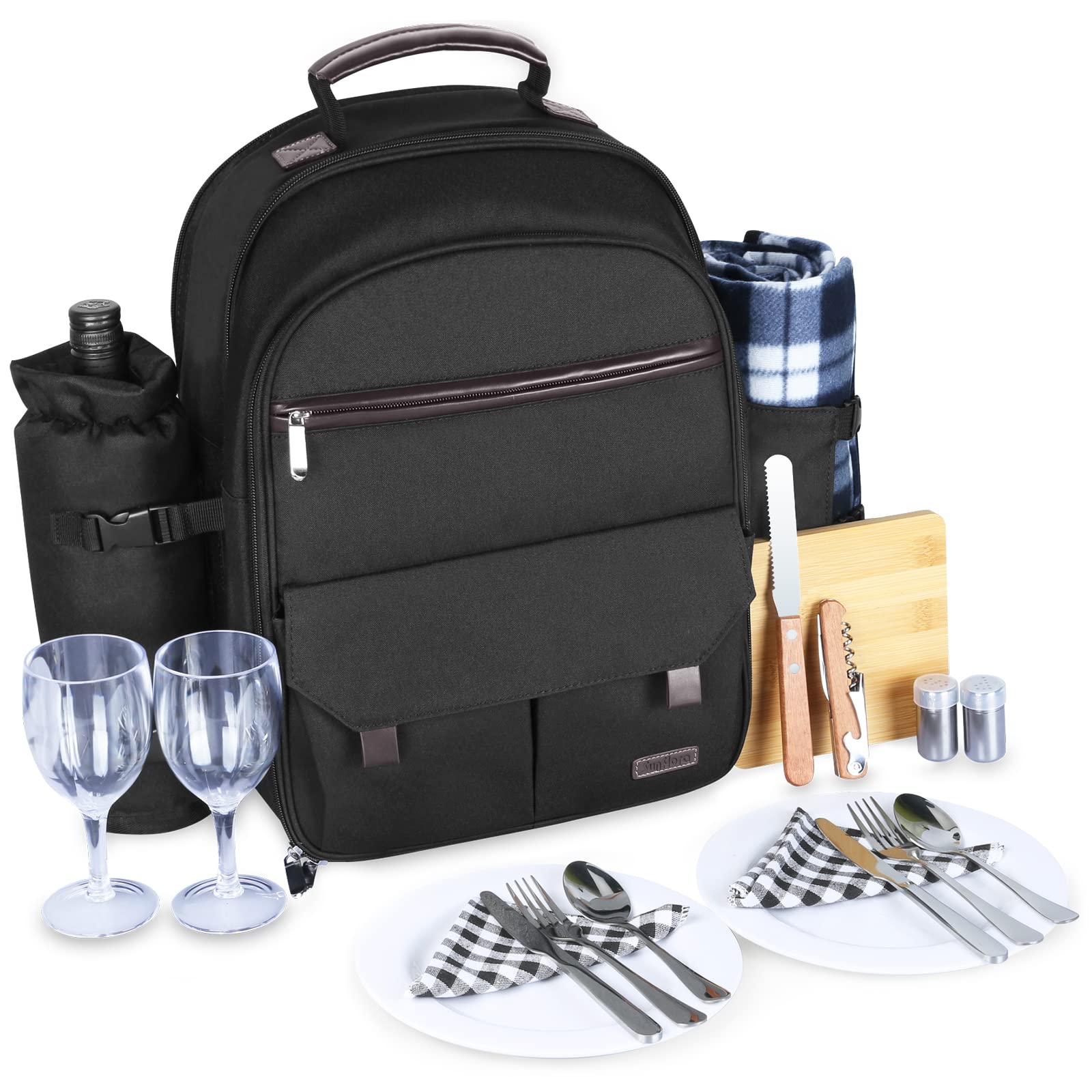 Sunflora Insulated Picnic Backpack For 2 Person Bag With Cooler Compartment, Wine Pouch, Blanket And Stainless Steel Cutlery Set