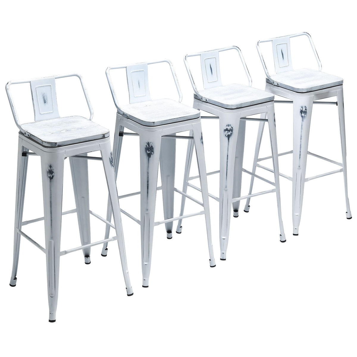 Yongchuang 30 inch Bar Stools Set of 4 Bar Height Metal Barstools with Wood Seat Distressed White Low Back Kitchen Bar Chairs
