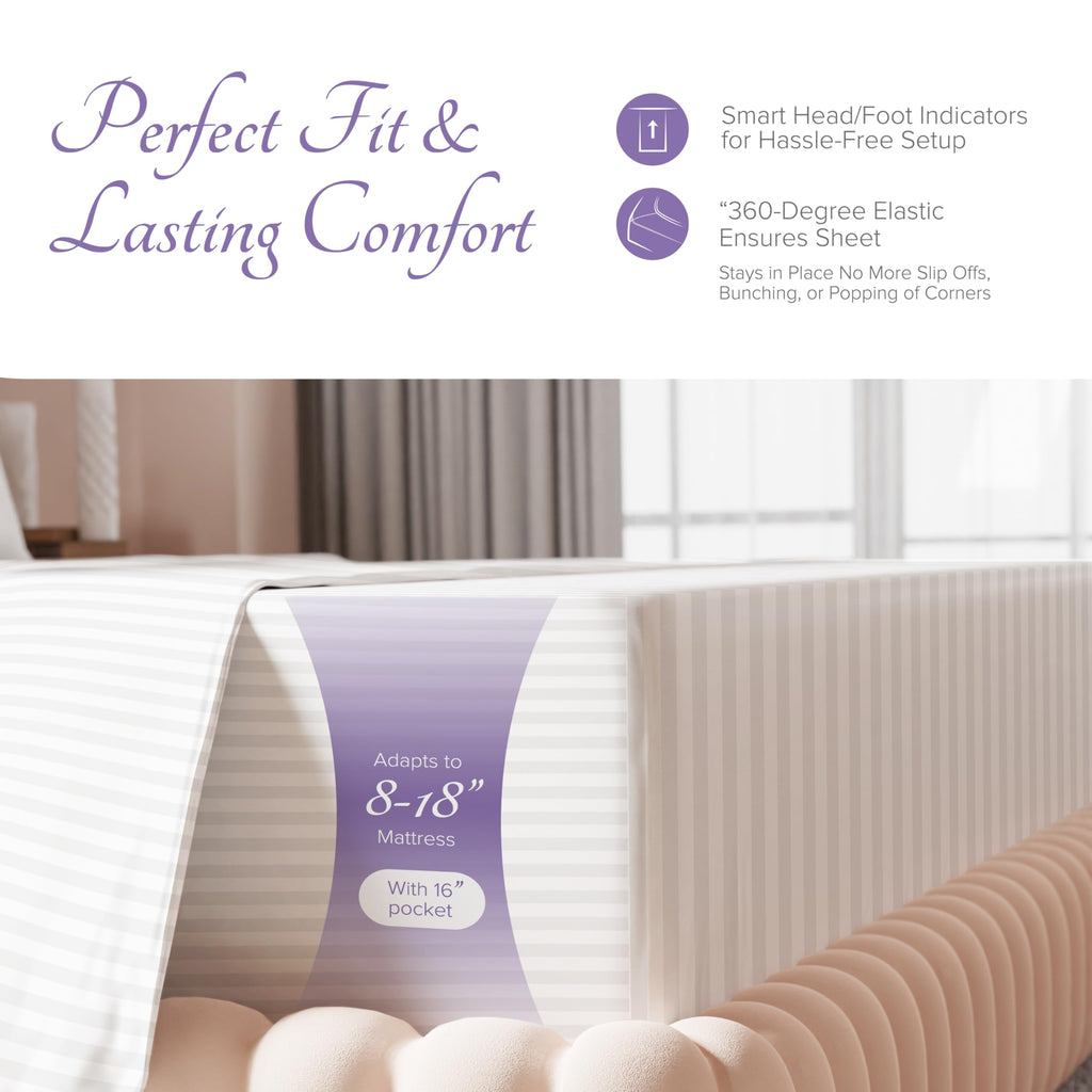 Carressa Linen Luxury Egyptian Cotton Twin Stripe Sheet Set - 600 Thread Count Extra Long Staple 3 Pc Set, Crisp White Twin Dama