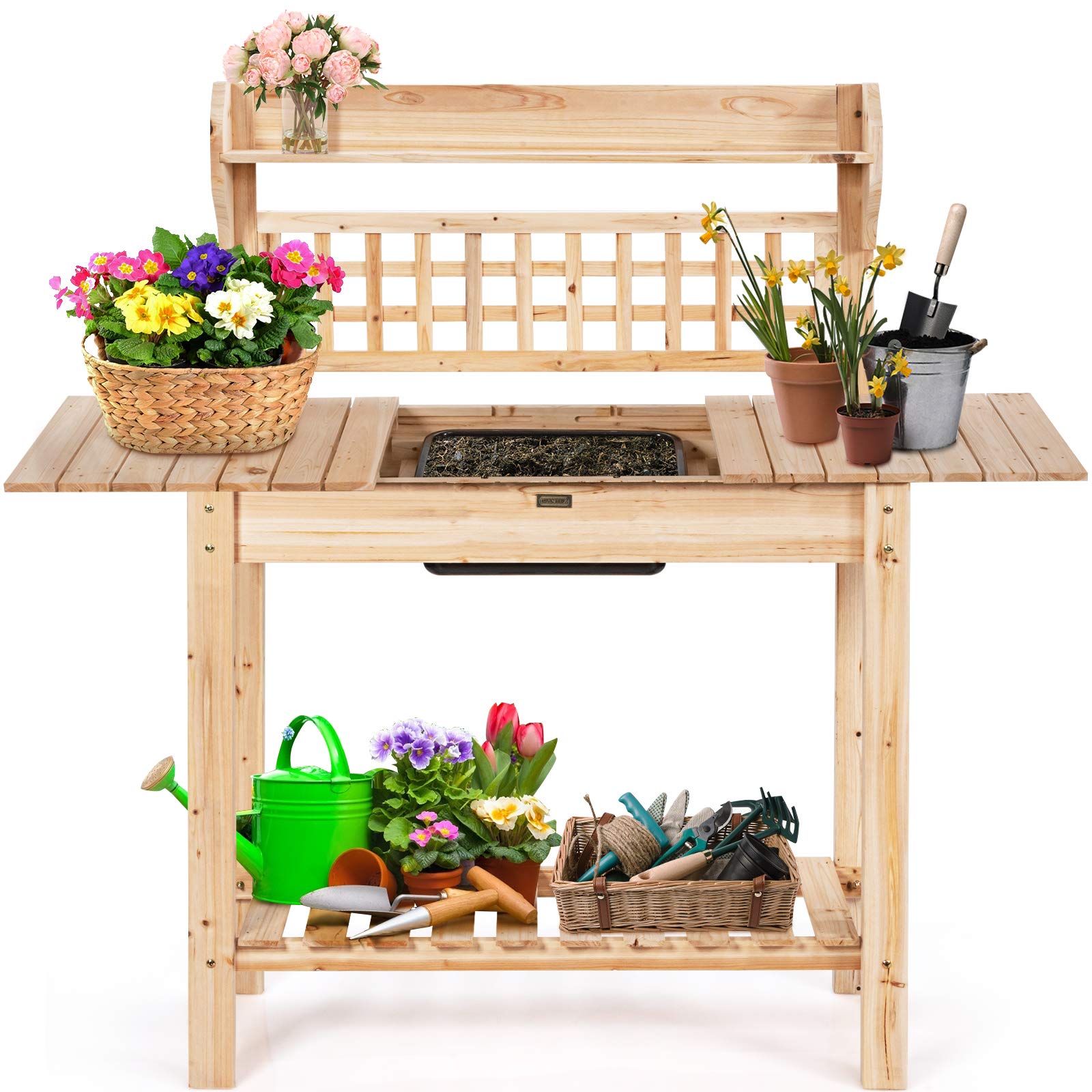 Giantex Garden Potting Bench, Outdoor Wood Work Table W/Sliding Tabletop, Planter Bench Work Station W/Removable Sink & Storage