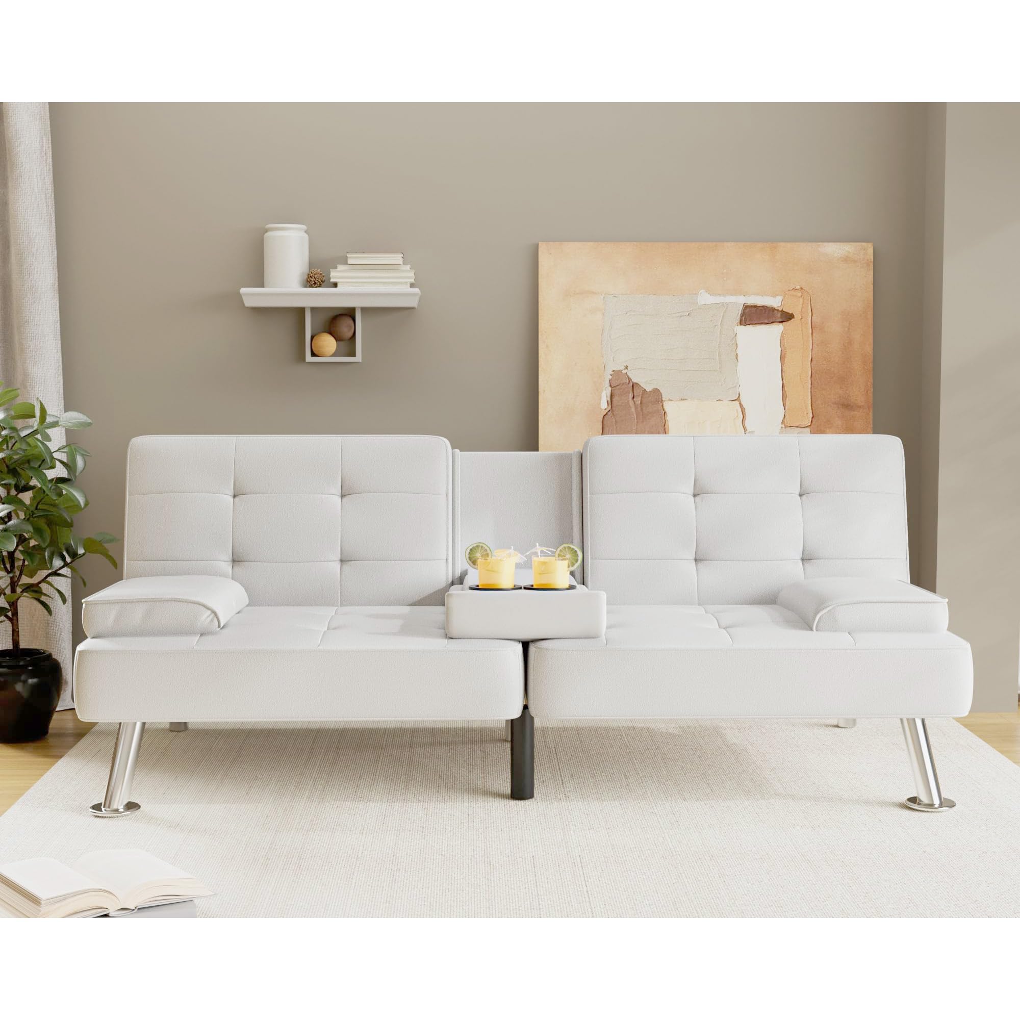 Flamaker Futon Sofa Bed Modern Folding Futon Set Pu Leather Convertible Recliner Lounge For Living Room With 2 Cup Holders, Removable Armrests (Pu Leather, White)