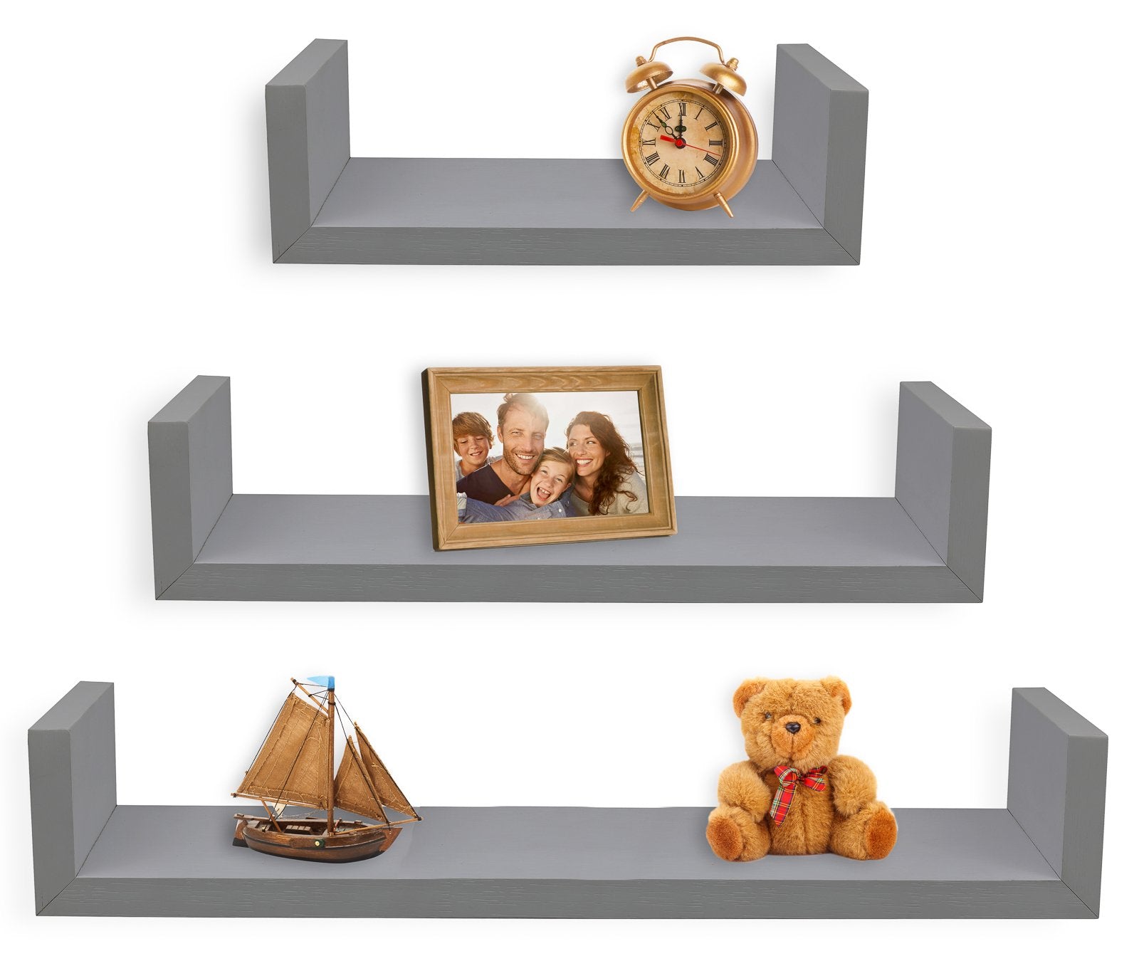 Greenco Set of 3 Floating U    Shelves, Easy-to-Assemble Floating Wall Mount Shelves for Bedrooms and Living Rooms, Grey Finish
