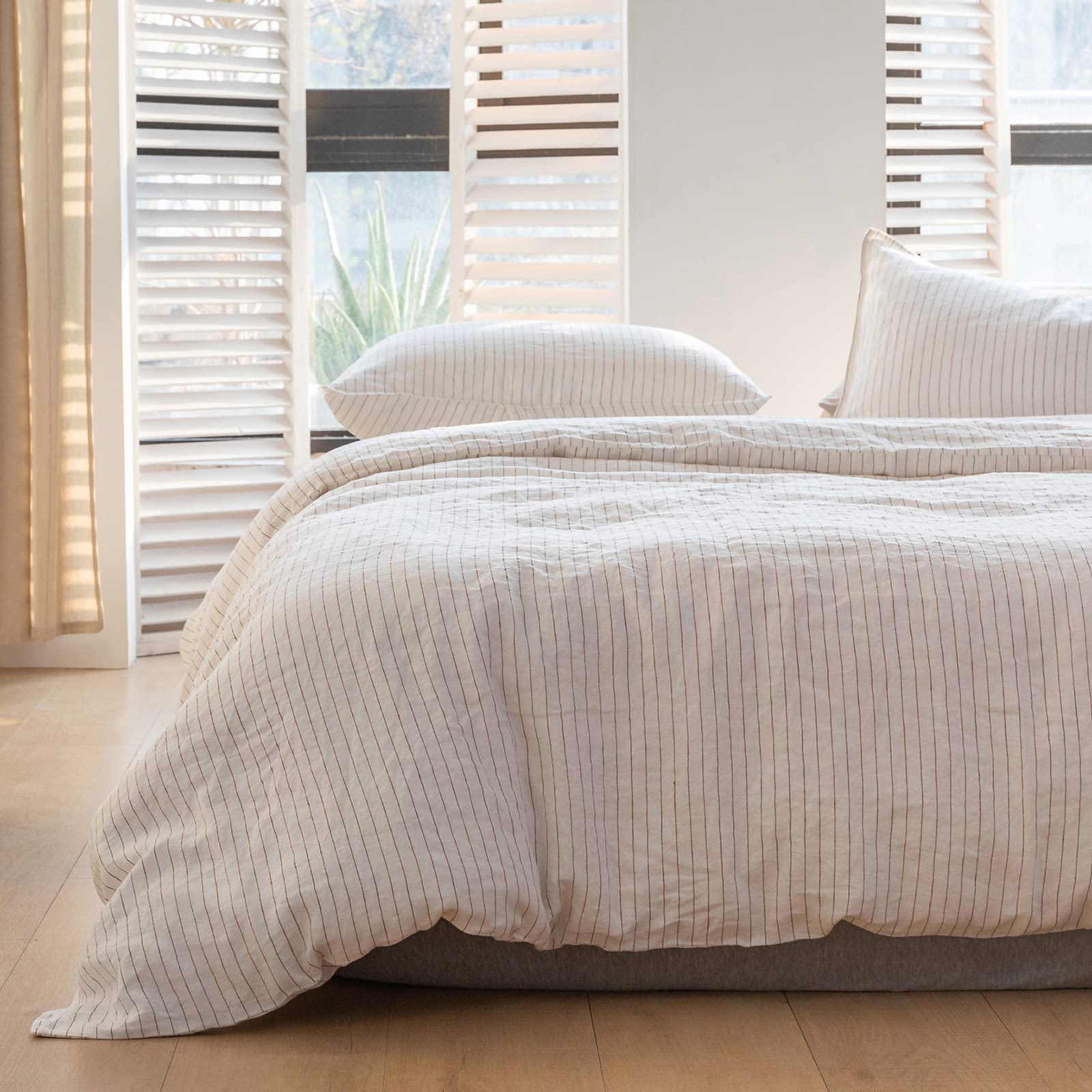 Simple&Opulence 100% Linen Duvet Cover Set 3Pcs Yarn Dyed Vertical Pinstripe Ticking Pattern Natural French Washed Flax Breathab