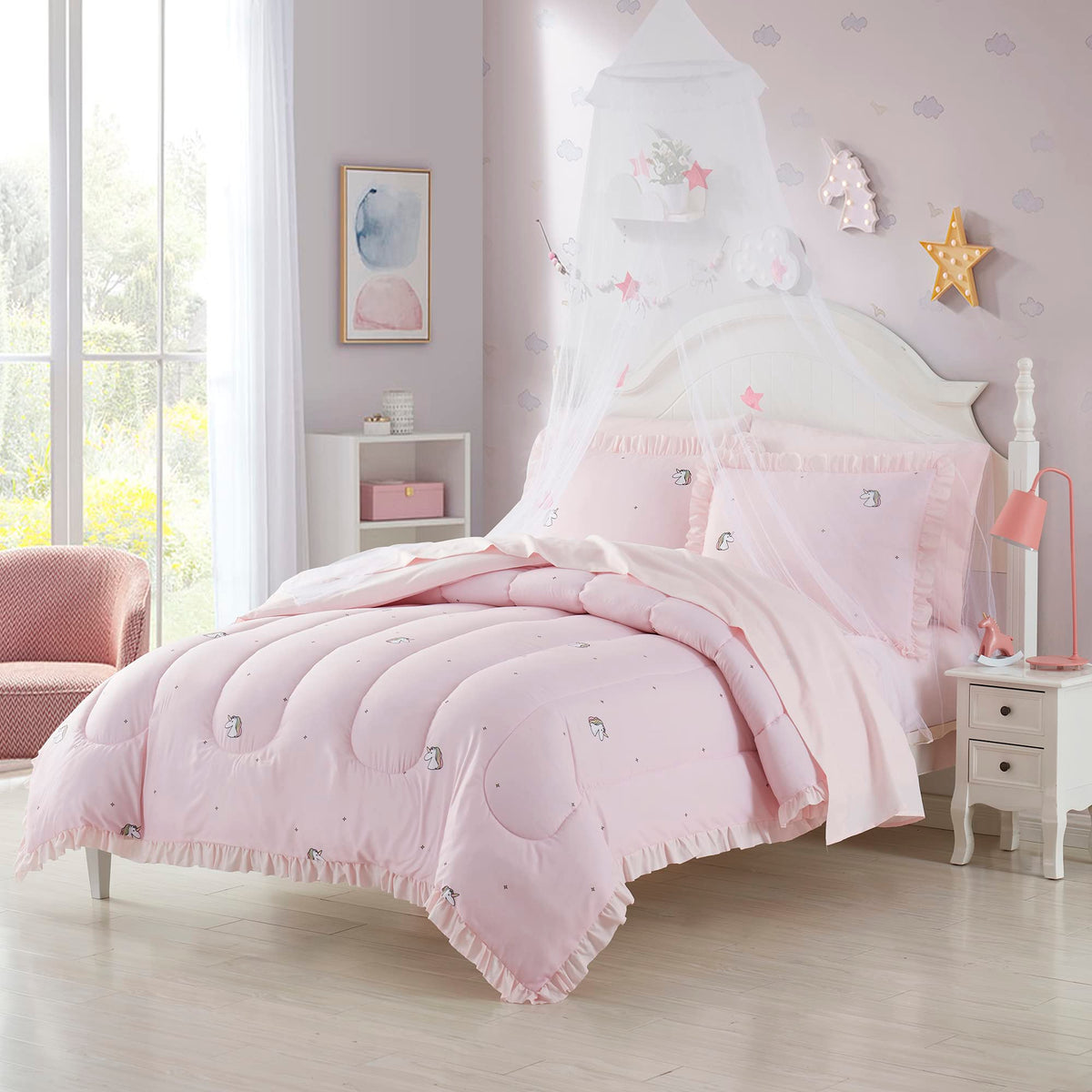 Kids Bedding Set Bed In A Bag For Boys And Girls Toddlers Printed Sheet Set And Comforter , Twin, Rainbow Unicorn