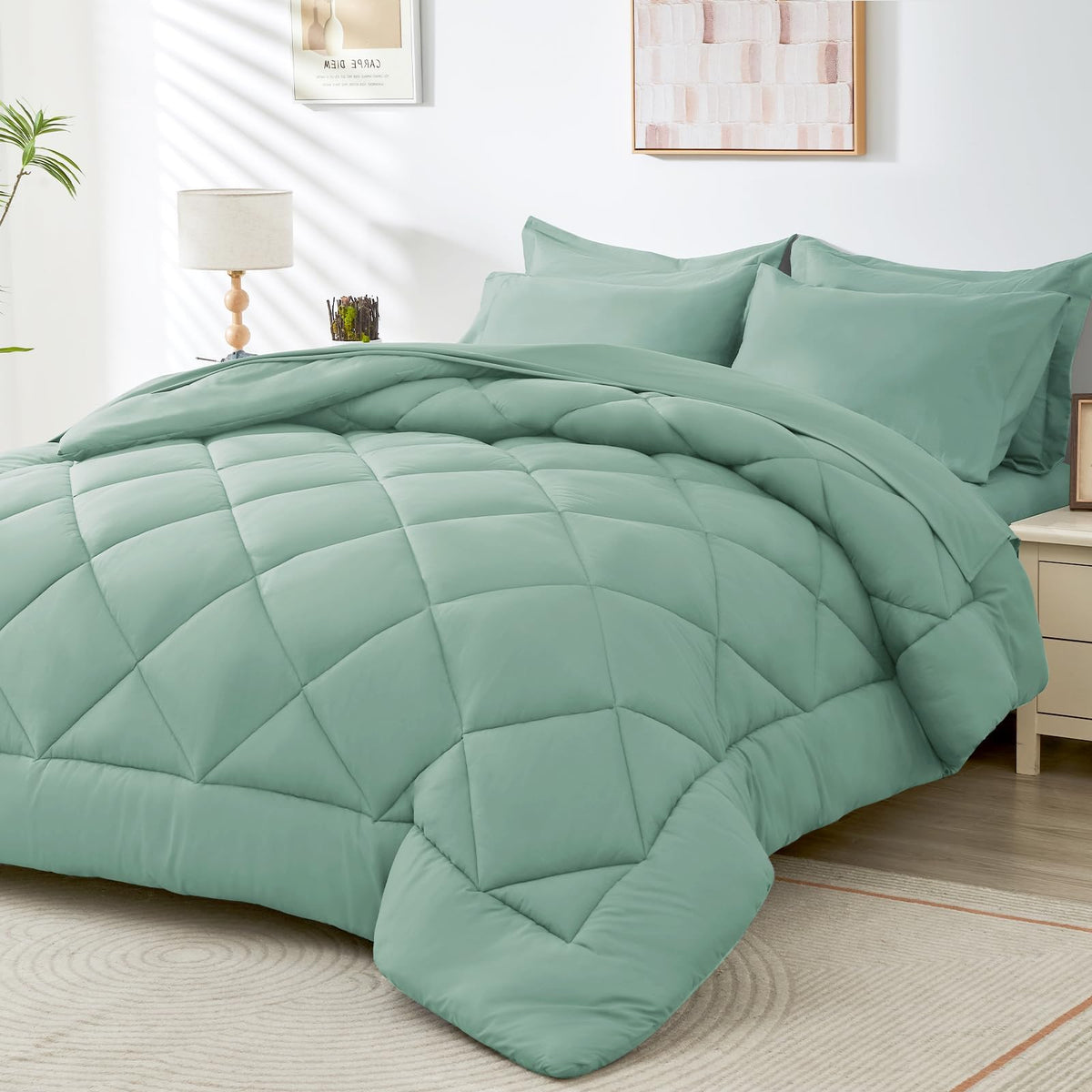 Hevumyi 7 Pieces Queen Comforter Set, All Season Reversible Bed In A Bag Queen, Ultra Soft Queen Bedding Set With Grey Comforter