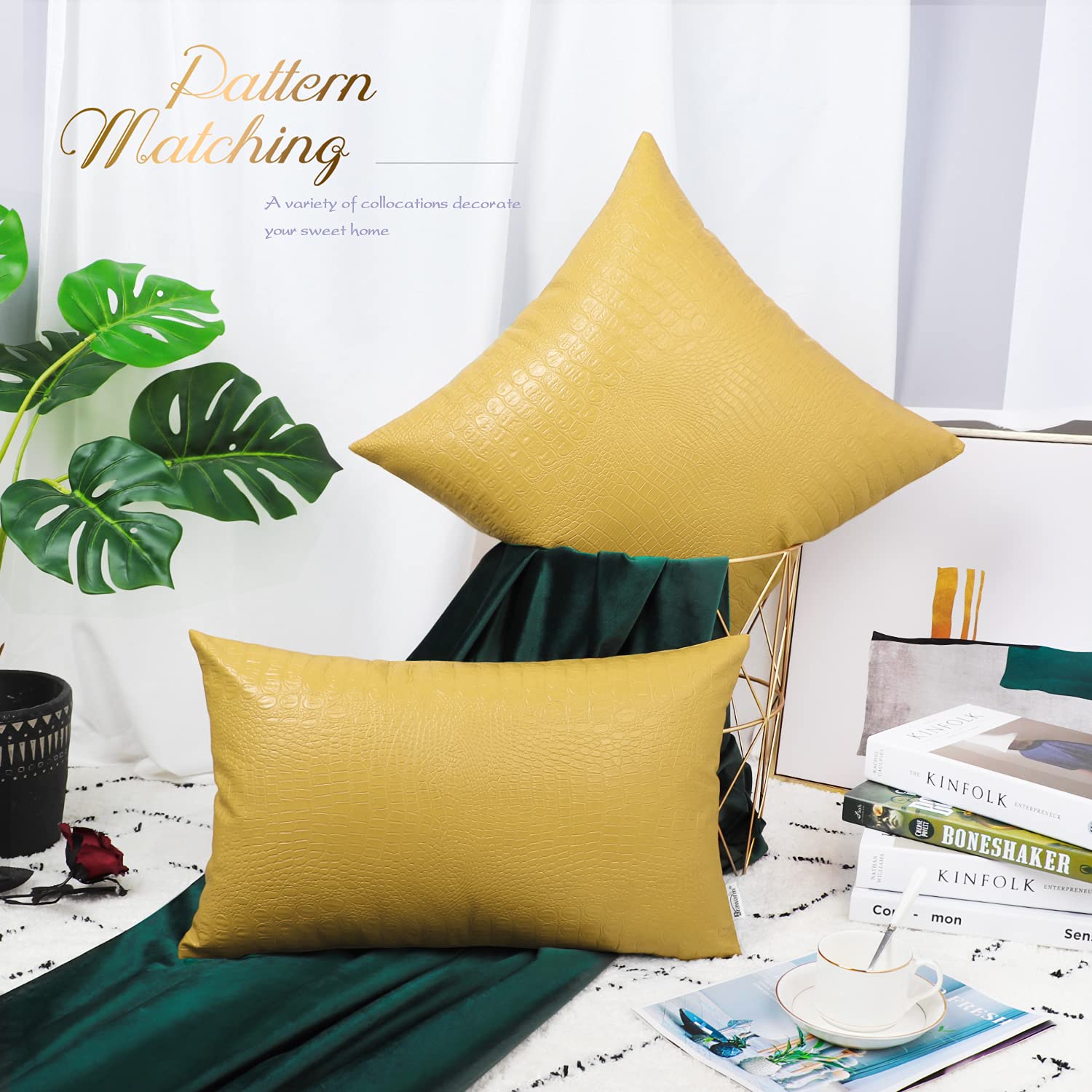 Brawarm Faux Leather Pillow Covers 18 X 18 Inches, Yellow Leather Pillow Covers Pack Of 2, Crocodile Leather Decorative Throw Pi