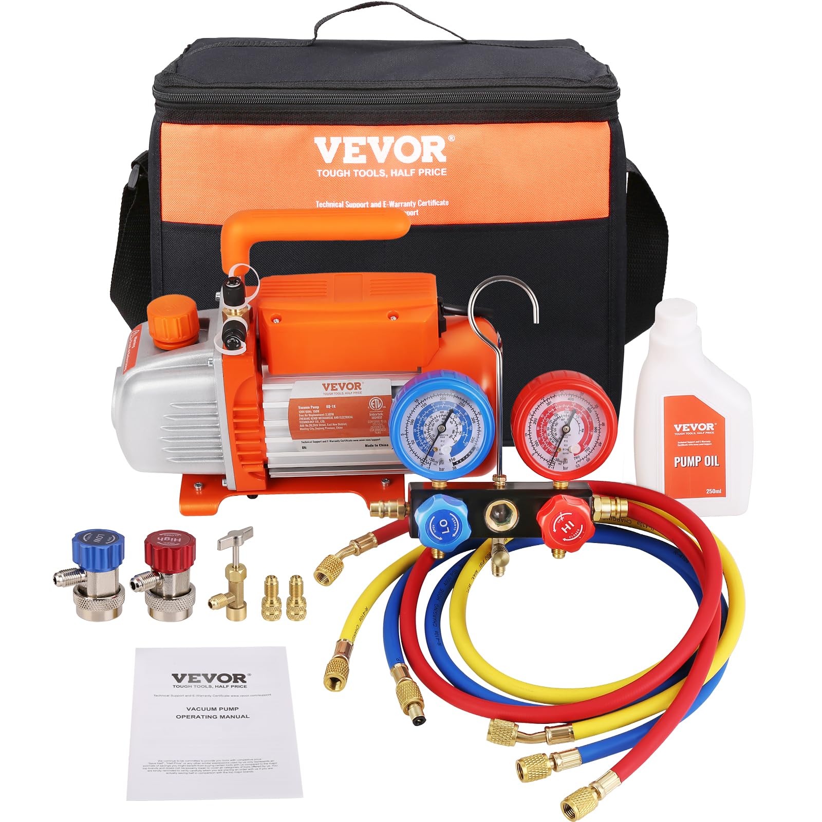 VEVOR 3.5 CFM AC Vacuum Pump and Gauge Set, Single Stage Rotary Vane HVAC Air Vacuum Pump A/C Refrigerant Kit Manifold Gauge Set