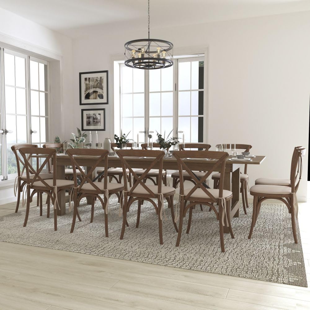 Flash Furniture Hercules Series 9' X 40&quot; Folding Farmhouse Dining Table With 12 Cross Back Chairs, Rectangular Farm Table And Chairs Set, Natural