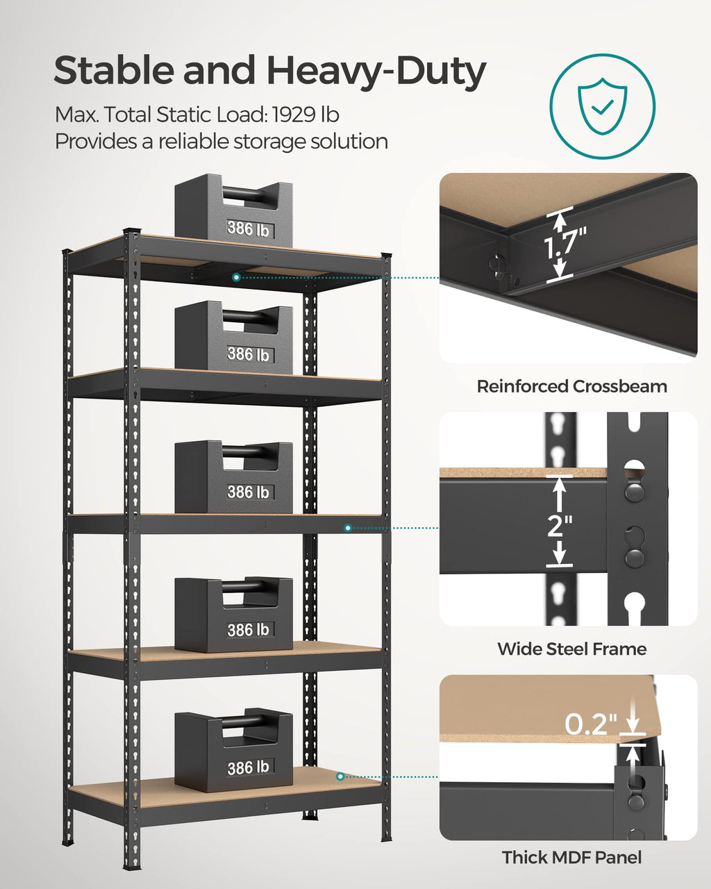 Songmics 5-Tier Storage Shelves, Set Of 2 Garage Storage, Boltless Assembly, Adjustable Shelving Units, 17.7 X 35.4 X 70.9 Inches, Load 1929 Lb Each, Shed Warehouse Basement, Black Uglr450B02