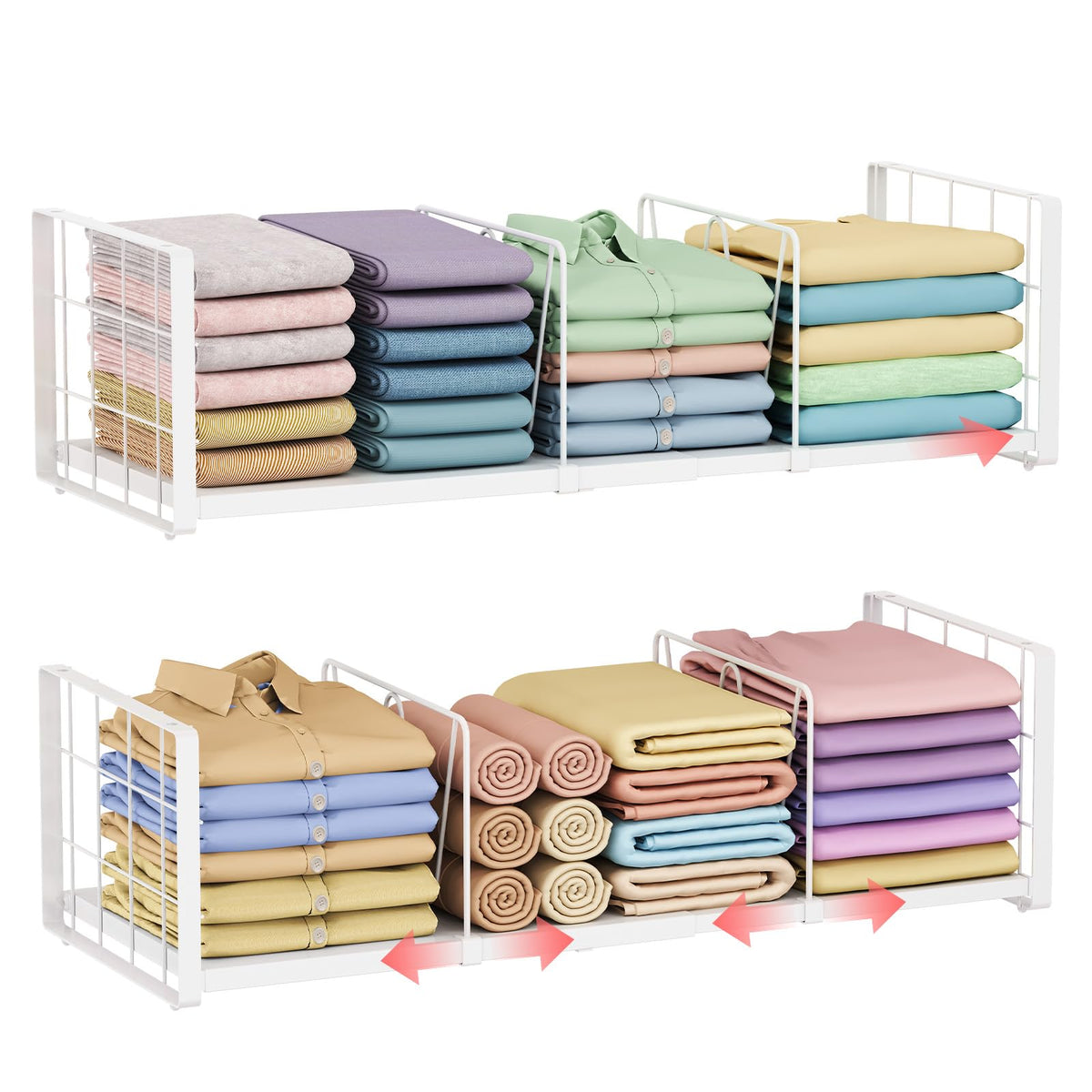 2Pack Closet Organizers Stackable Clothing Storage Shelves, Expandable Clothes Shelf with Adjustable Divider Keeps Jeans Shirts