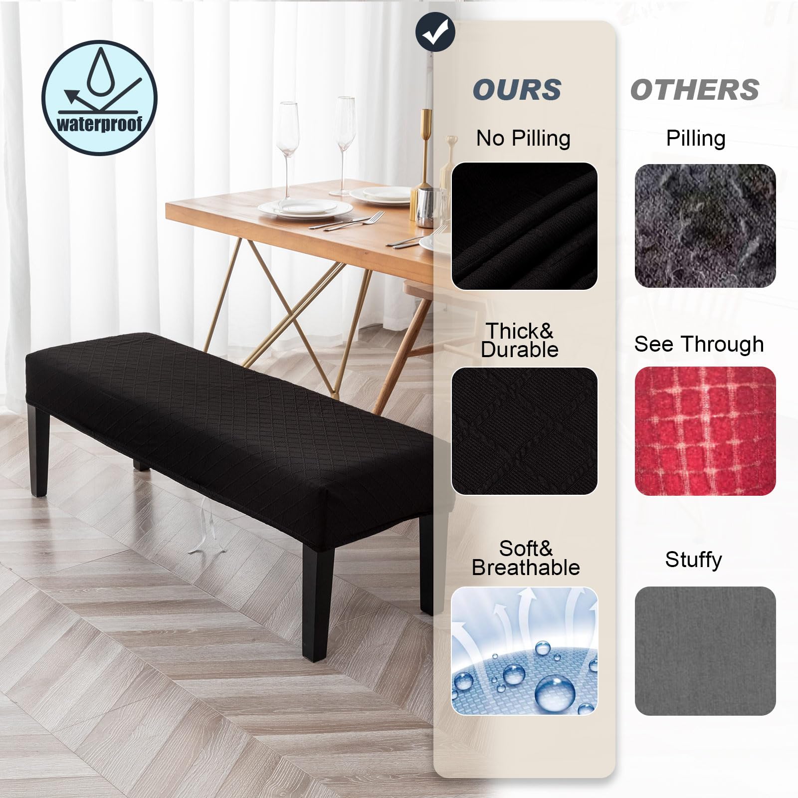 Genina Stretch Dining Bench Covers, Waterproof Stretch Jacquard Bench Seat Protector Cover, Rectangular Bench Cover For Bedrooms, Living Rooms, Kitchens, Removable, Washable