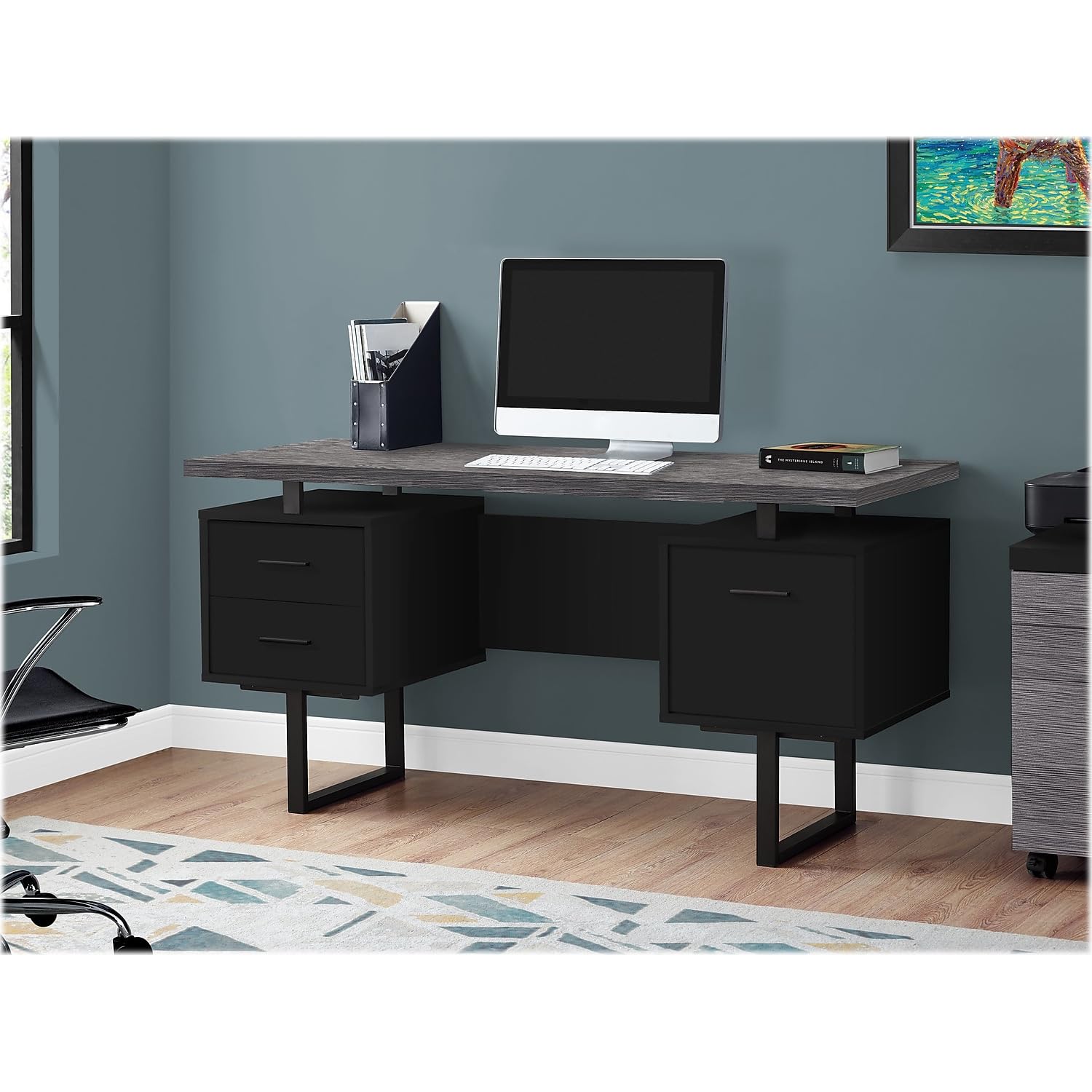 Monarch Specialties Computer Desk with Drawers - Contemporary Style - Home & Office Computer Desk with Metal Legs - 60'L (Black - Grey Top)