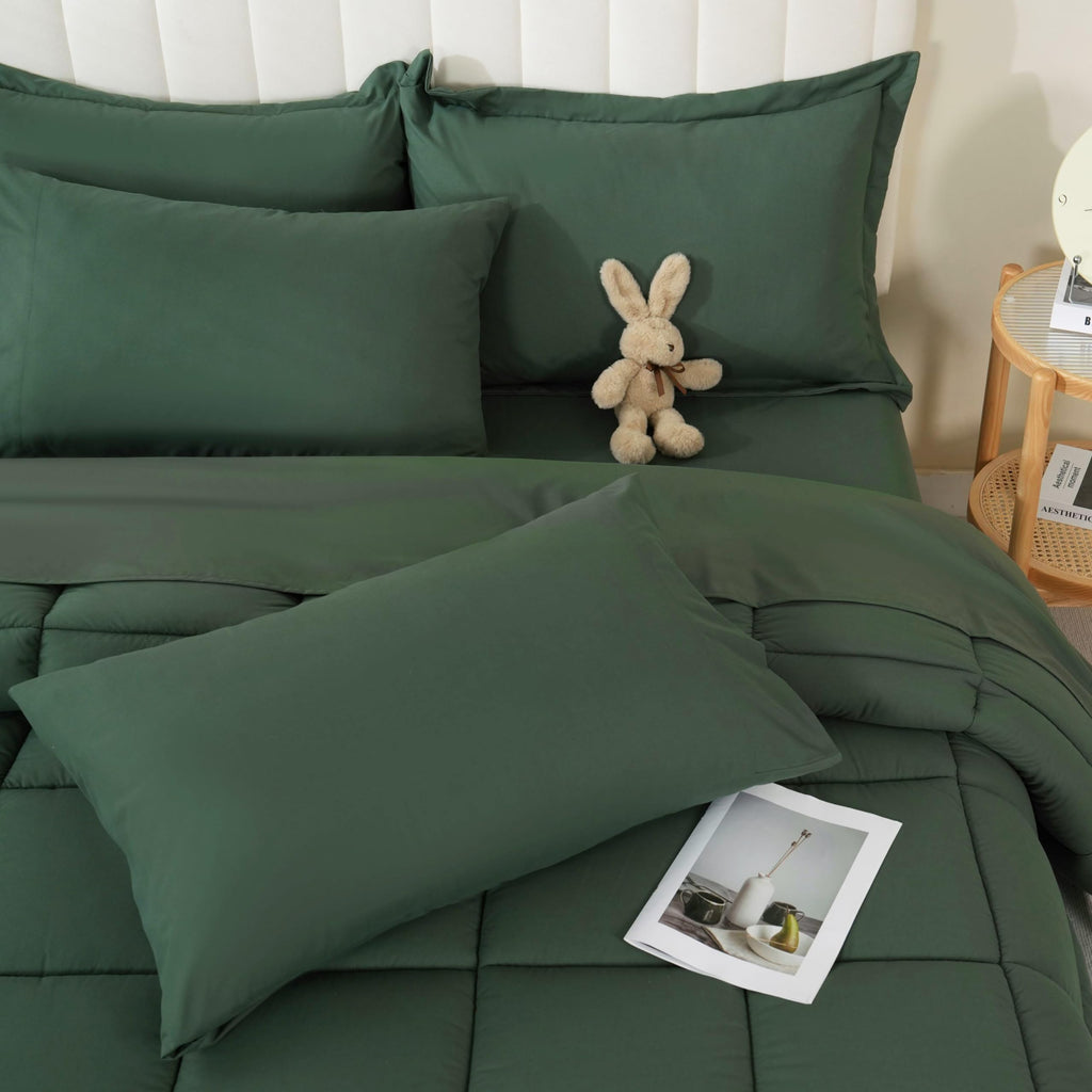 DOWNCOOL Queen Comforter Set, 7Pcs Bedding Sets Queen Sage Green, All Season Down Alternative Bed in a Bag Queen with Comforter,