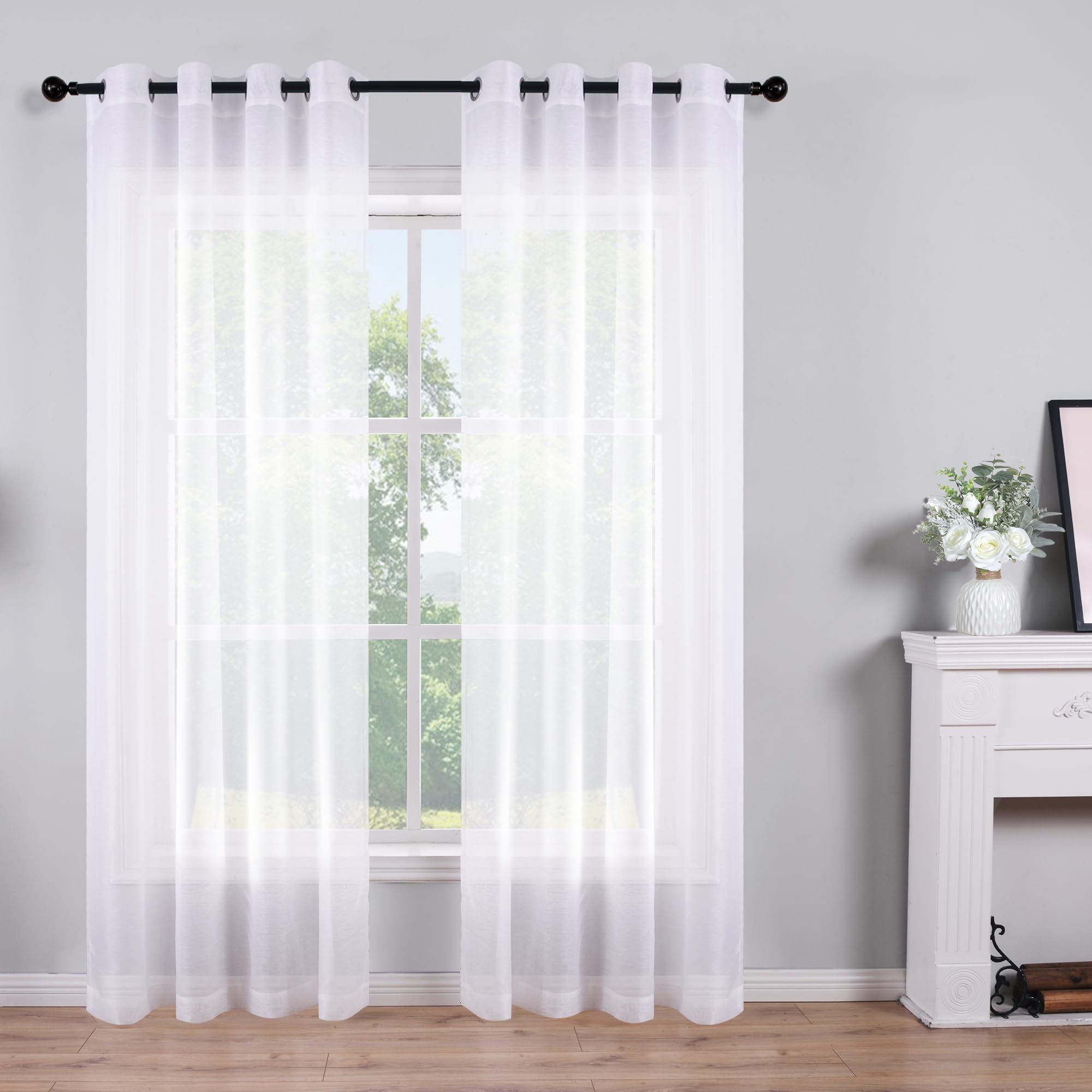 Koufall 90 Inch Curtains Long,Sheer Grommet White Sheers For Bedroom Living Room,90 In Length 2 Panels Set