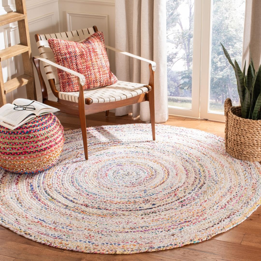 SAFAVIEH Braided Collection 7 Round Ivory/Multi BRD210B Handmade Boho Reversible Cotton Area Rug