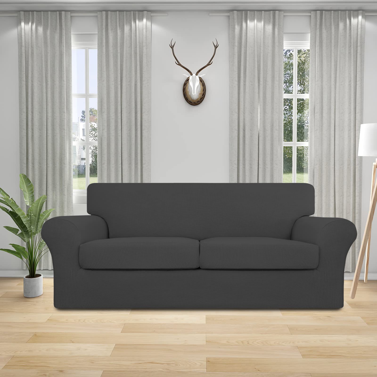 Easy-Going 3 Pieces Stretch Oversized Loveseat Couch Cover For 2 Cushion Couch Sofa Cover For Dogs Washable Sofa Slipcover Elastic Furniture Protector For Pets (Dark Gray, Oversized Loveseat)