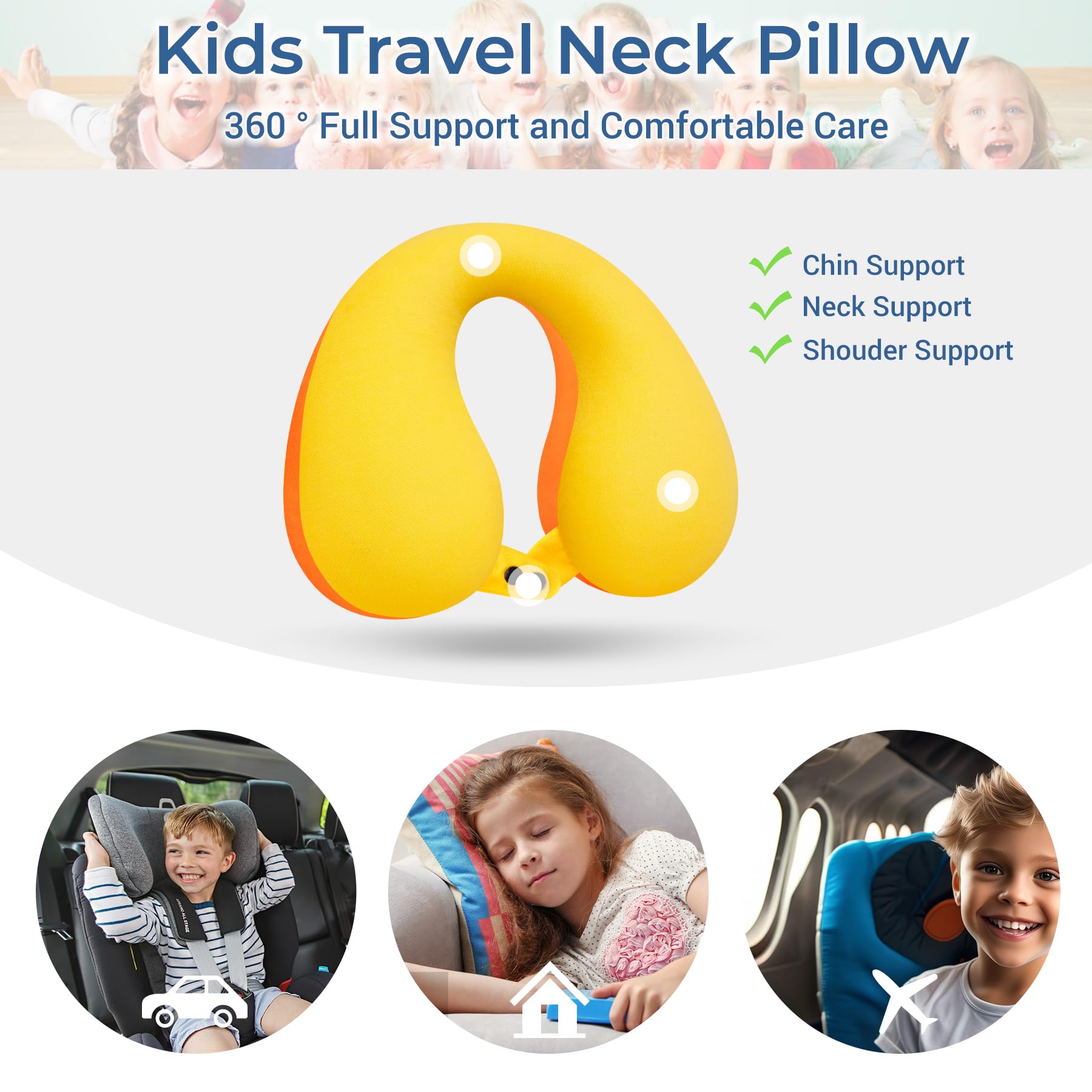 Coolbebe Kids Travel Neck Pillow, Toddler Neck Pillow For Traving, Softly Double Support Neck Pillow For Car & Airplane, Traveling Gifts For Toddler & Children(1, Yellowish Orange)