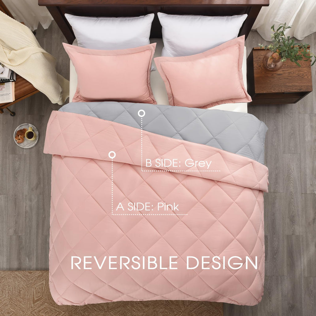 Basic Beyond Twin Comforter Set - Pink Twin Comforter Set, Reversible Twin Bed Comforter Set For All Seasons, Baby Pink/Grey, 1 Comforter (66'X92') And 1 Pillow Sham (20'X26'+2')