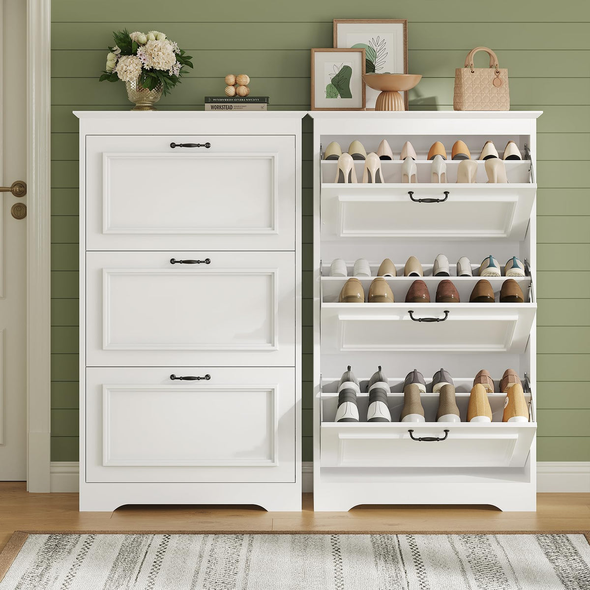 Brinlawb 2 Pcs Shoe Cabinet With 3 Flip Drawers, Shoe Storage Cabinet With Metal Flip Stand, Back Dust Plate, Hidden Shoe Rack C