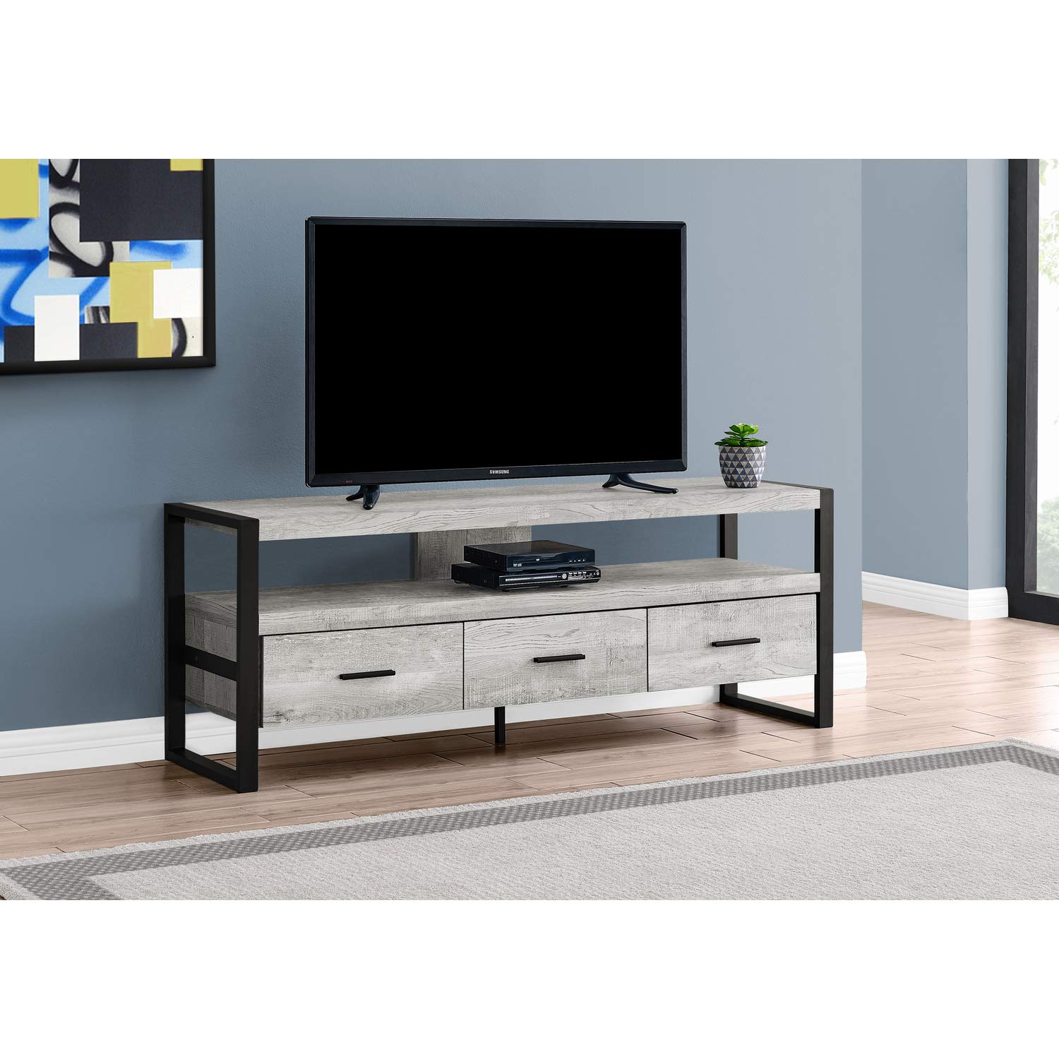 Monarch Specialties TV Stand-Console with 3 Drawers and Shelves-Industrial Modern Style Entertainment Center with Metal Legs, 60' L, Grey Reclaimed Wood Look