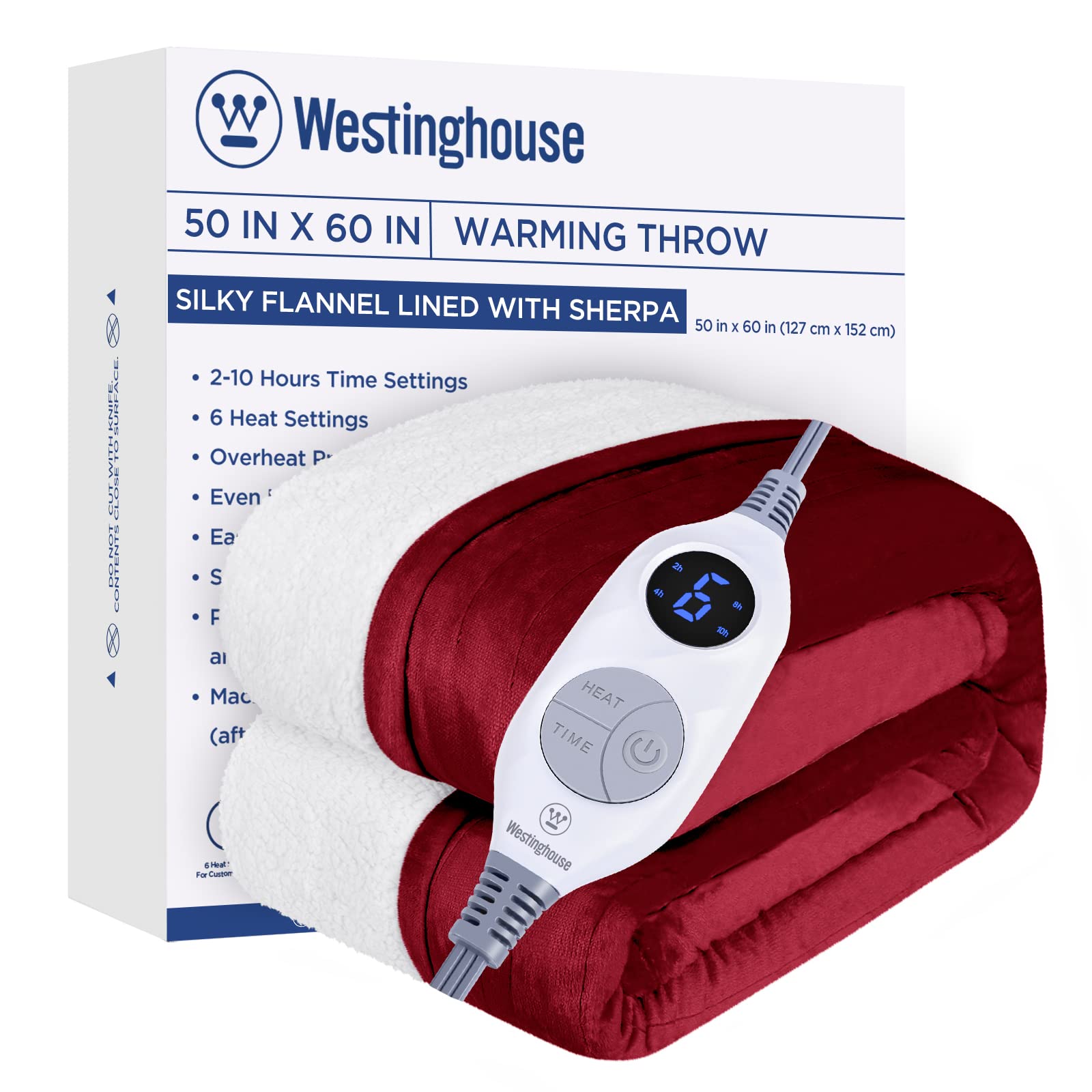 Westinghouse Heated Throw Blanket, Electric Blanket Throw With 6 Heating Levels And 2-10 Hours Time Settings, Flannel To Sherpa