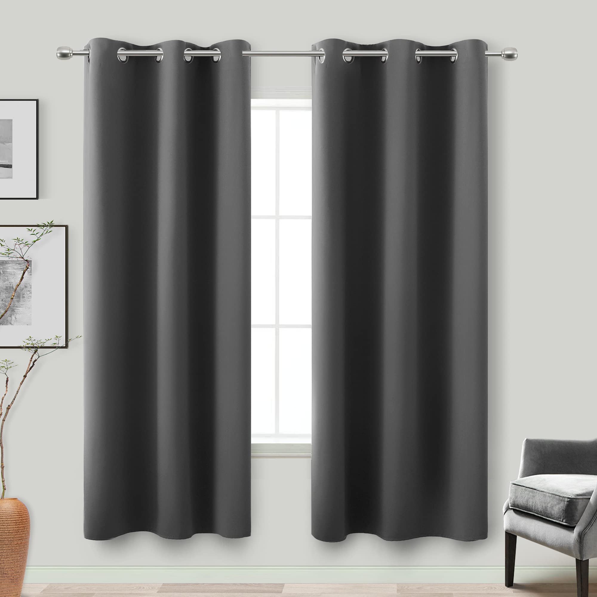 72 Length Blackout Curtains for Bedroom 2 Panels Set Sun Heat Blocking Thermal Insulated Grommet Dark Grey Room Darkening Heat S