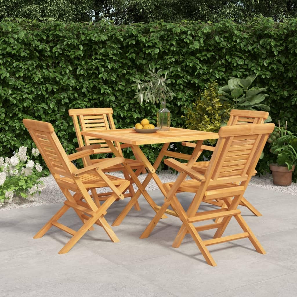 vidaXL 5-Piece Patio Dining Set - Solid Teak Wood, Foldable Chairs, Slatted Design, Square Table with Parasol Hole, for Garden/Deck/Patio