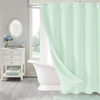 MitoVilla No Hooks Needed Extra Long Shower Curtain Set with Snap-in Liner, Green 86 inch XL Heavyweight Waffle Fabric Cloth Sho