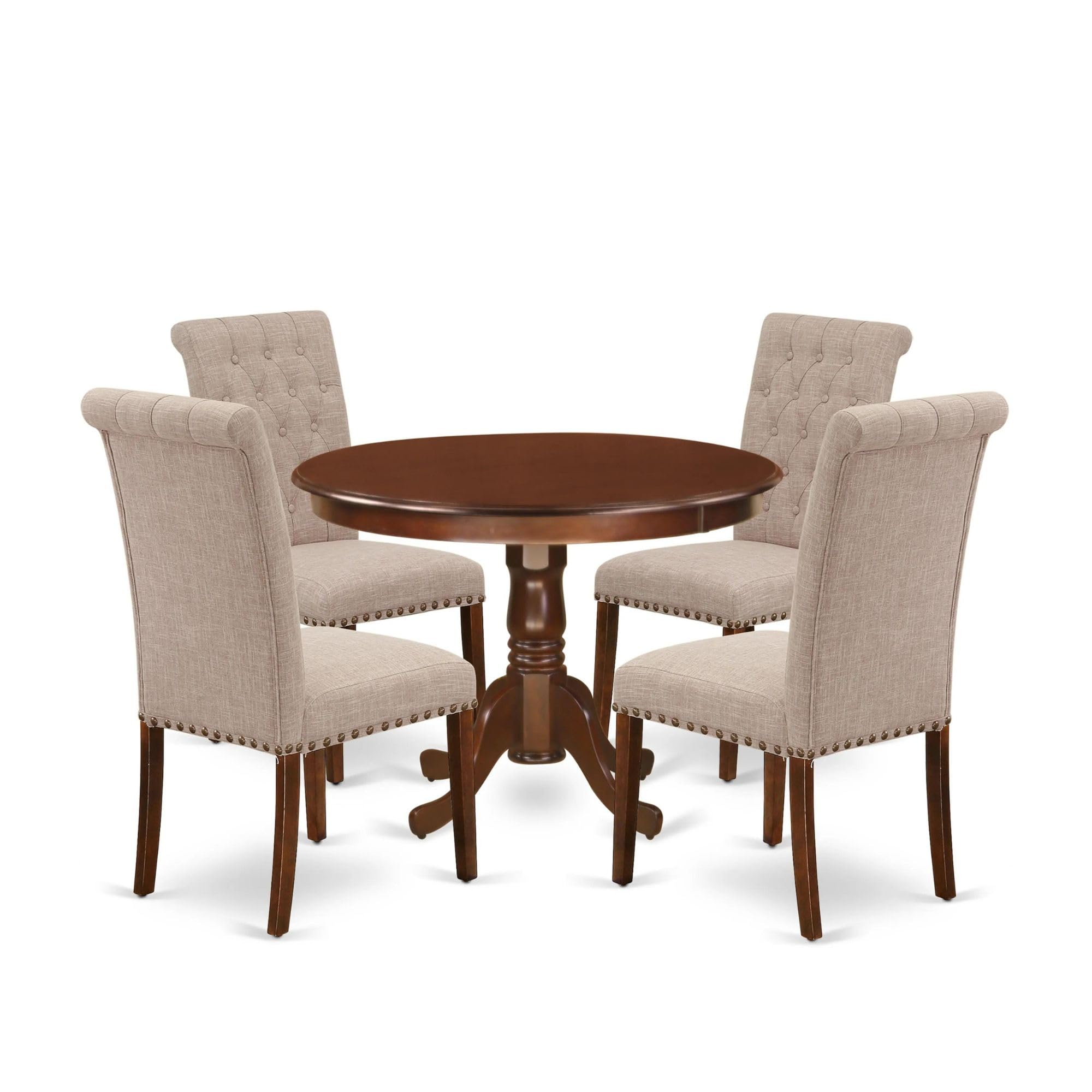 East West Furniture Hlbr5-Mah-04 5 Piece Dining Set Includes A Round Dining Room Table With Pedestal And 4 Light Tan Linen Fabric Upholstered Parson Chairs, 42X42 Inch, Mahogany