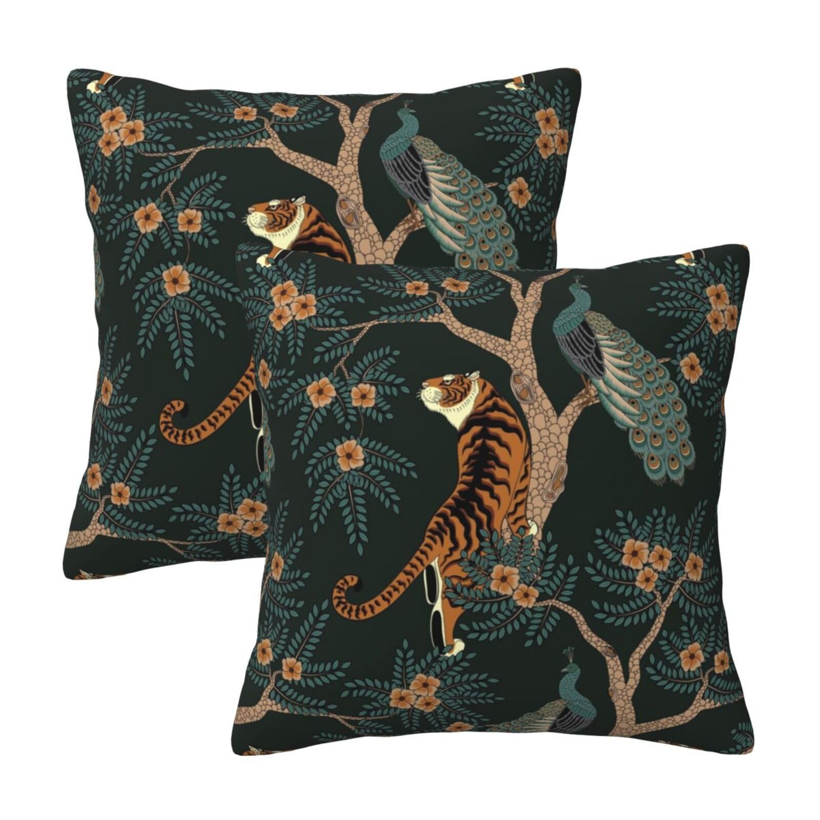 Tiger And Peacock Pillow Covers 18X18 In Couch Pillow Case Sets Of 2 Modern Decorative Square Throw Pillows For Home Living Room