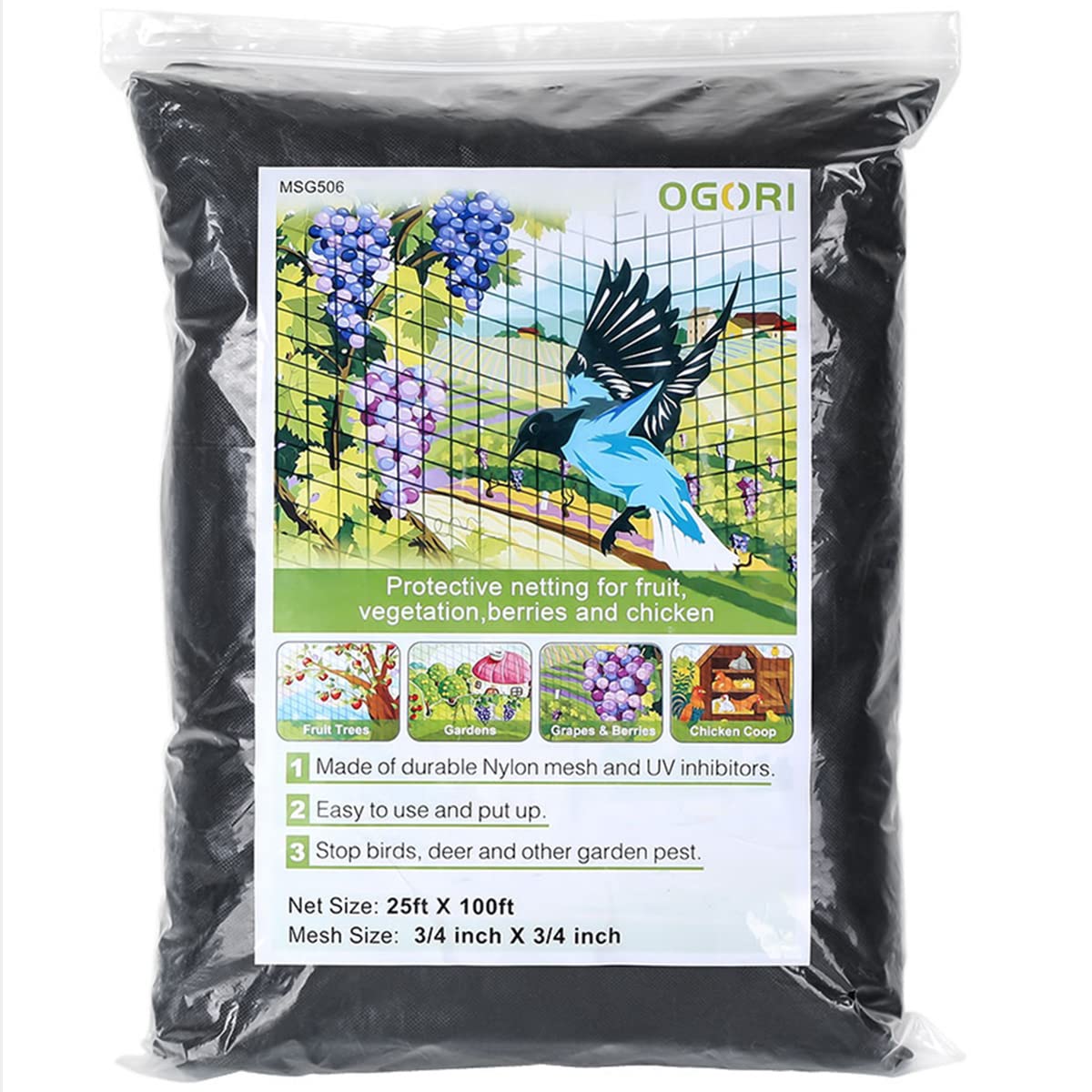 Ogori 25' X 100' Bird Netting Heavy Duty Nylon 3/4' Mesh Garden Netting Protect Fruit Trees, Plants And Vegetables