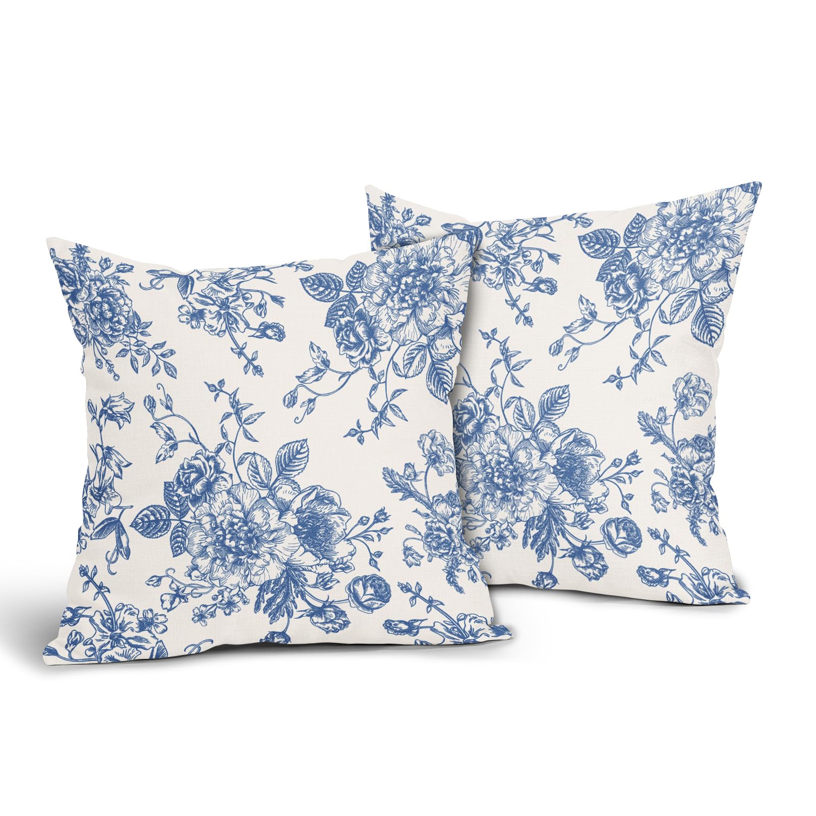 Blue Floral Pillow Covers 18X18 Inch Vintage Flower Blue White Decorative Throw Pillow Covers Set Of 2 Chinoiserie Pillowcases C