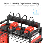 Cccei Garage Power Tools Organizer Cart With Charging Station, Red Floor Standing Rolling Drill And Tools Battery Storage Cart On Wheels. Utility Rack Gift For Men, Husband, Father.