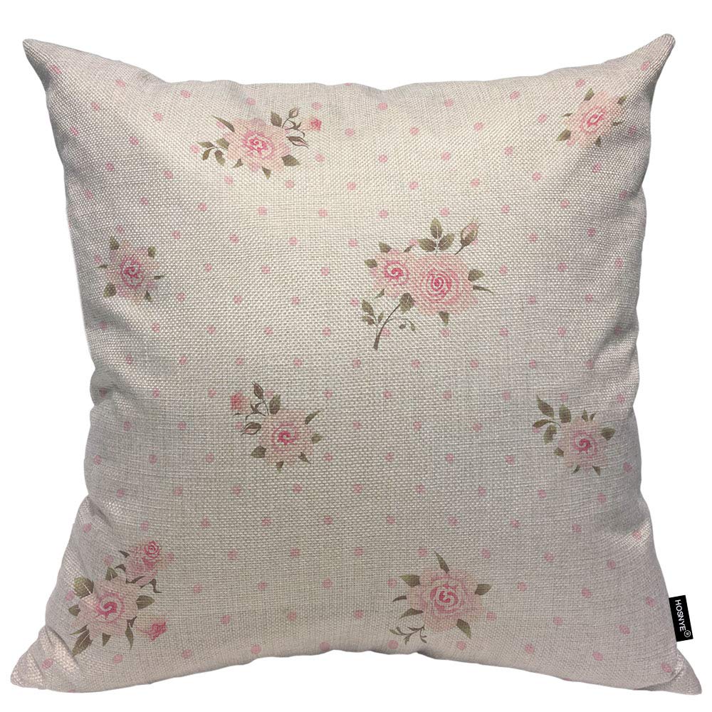 Hosnye Floral Polka Dot Background Throw Pillow Case Cushion Covers Shabby Chic Style Pattern With Pink Roses Cotton Linen For C