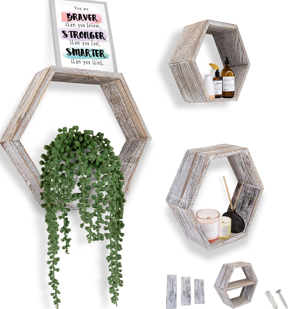 Comfify Rustic Wall Mounted Hexagonal Floating Shelves - Set of 3 Honeycomb Shelves - Screws and Anchors Included - Farmhouse De